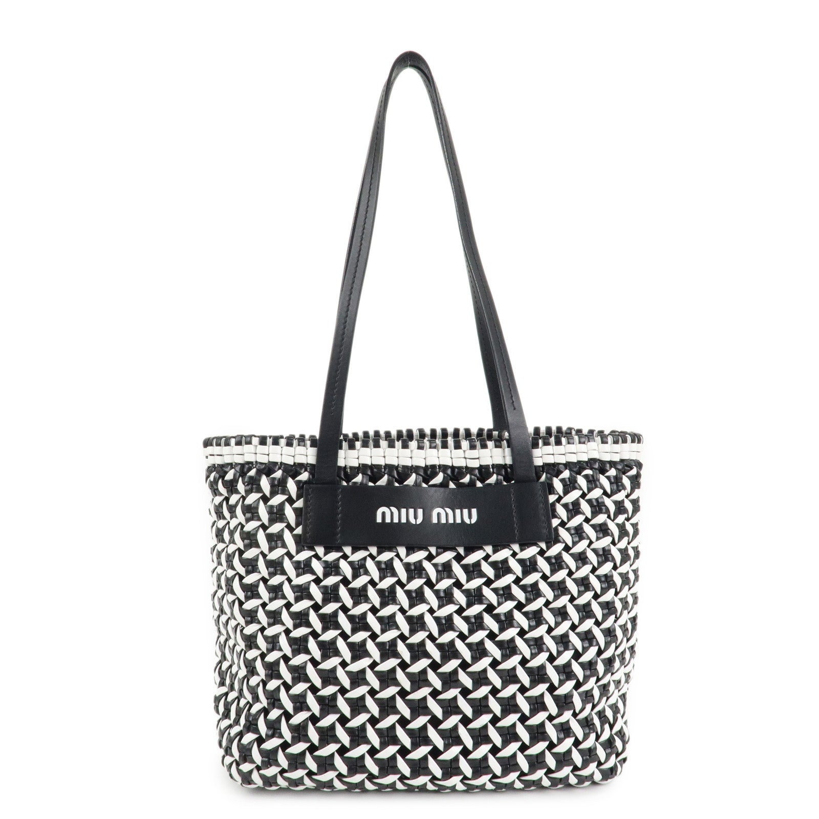 MIU MIU Leather Braid Tote Bag Shoulder Bag Black White 5BG193 Used