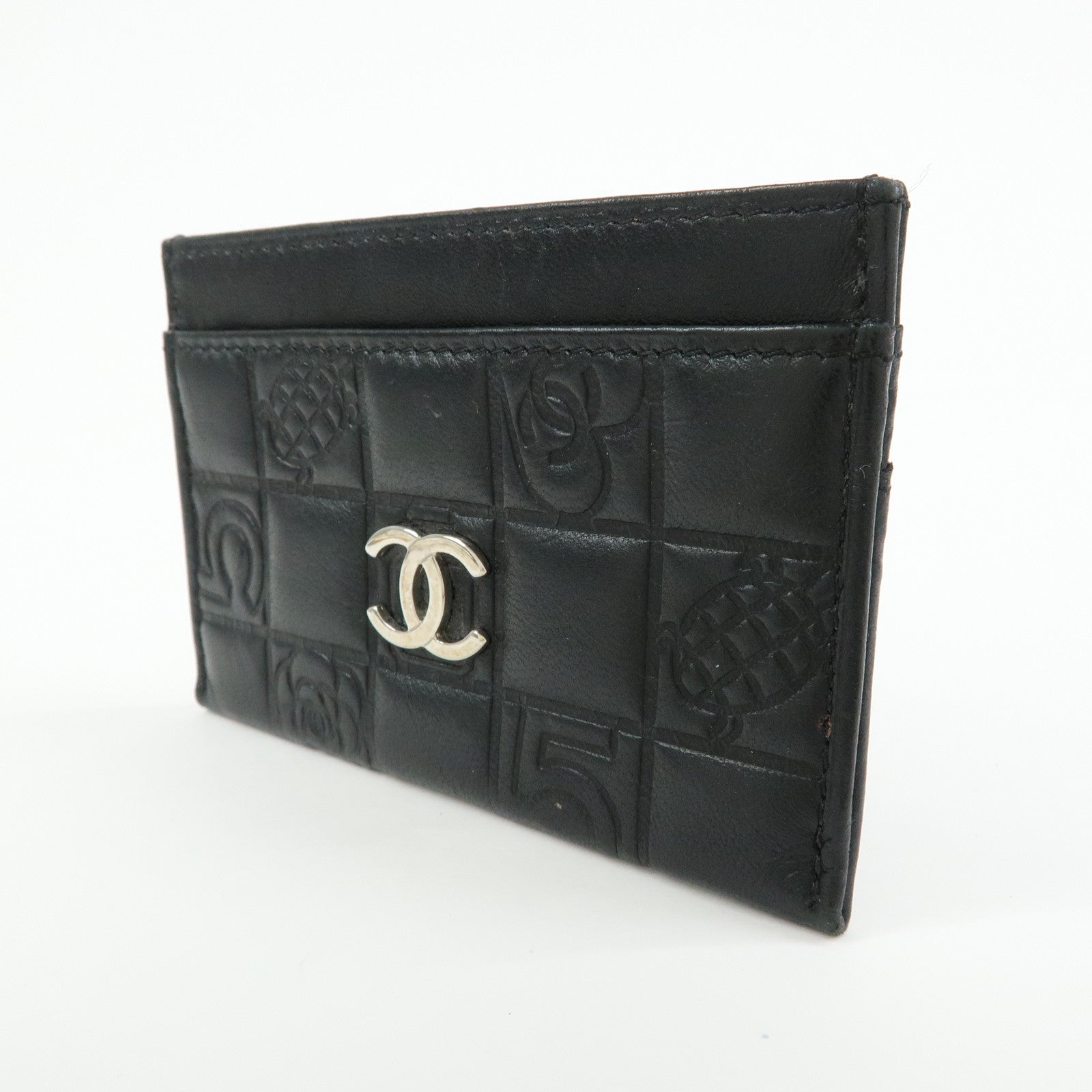 CHANEL Icon Line Lamb Skin Card Case Fragment Case Black A24211