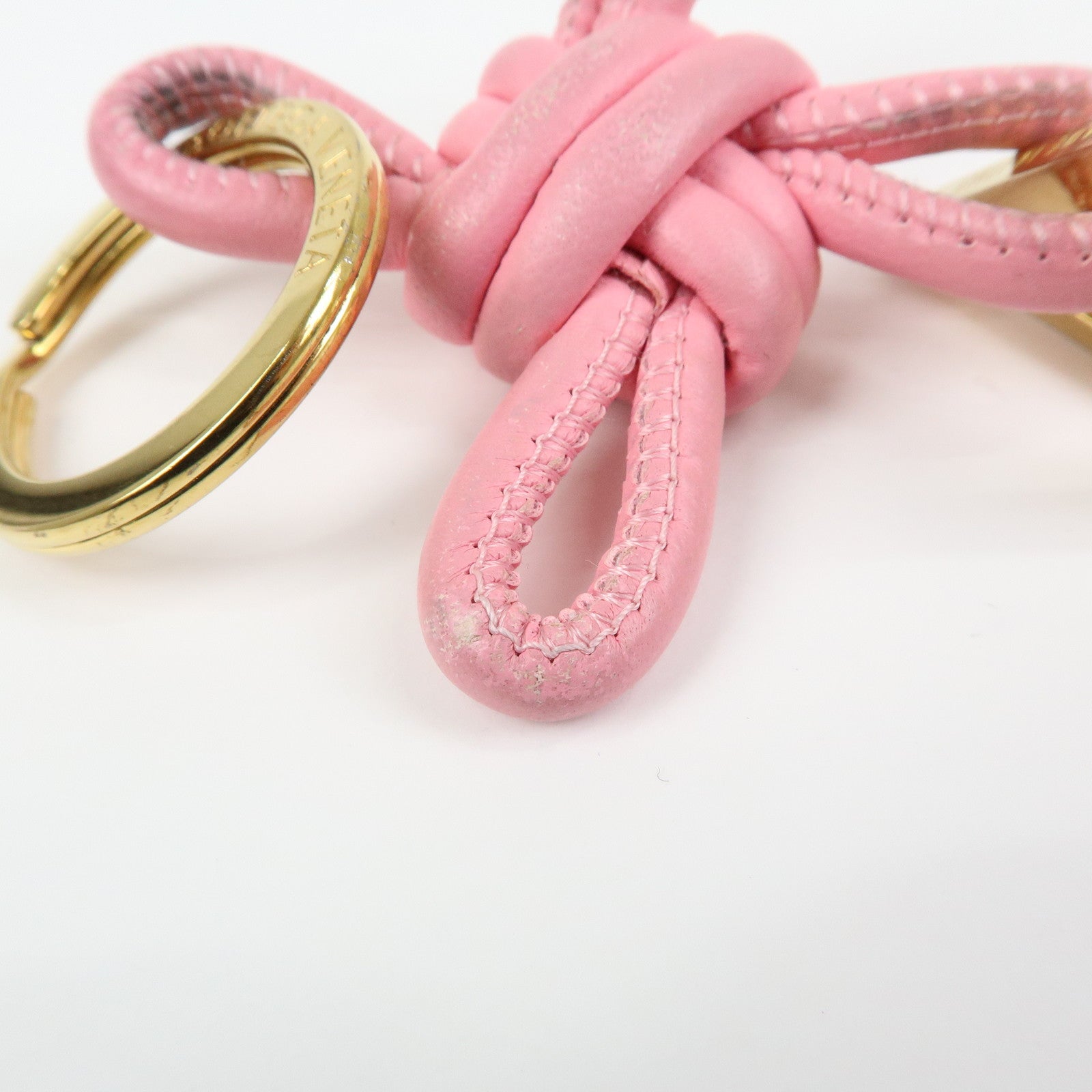 BOTTEGA VENETA Leather Metal Bag Charm Key Chain Gold Pink