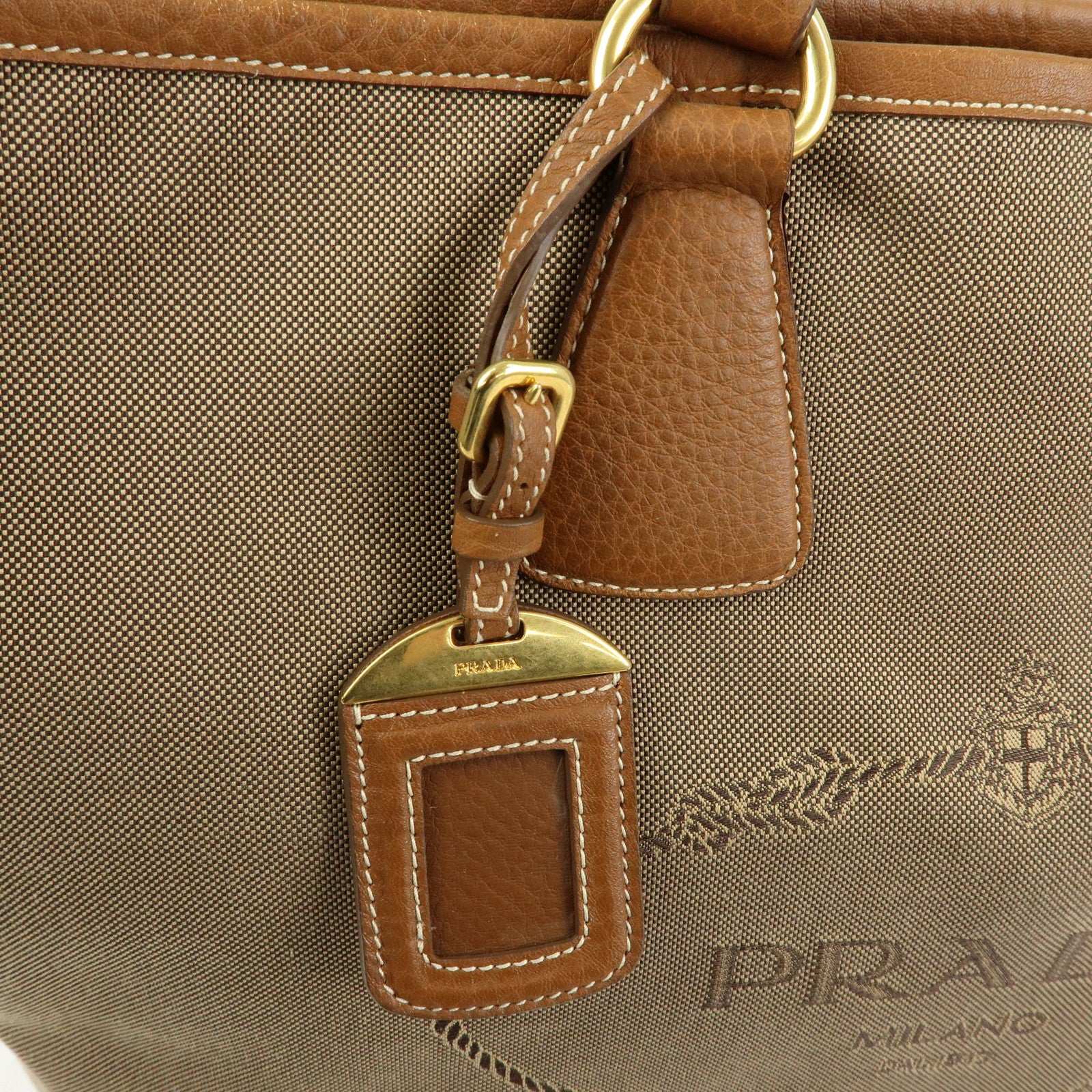 PRADA Triangle Logo Jacquard Leather 2Way Bag Hand Bag Brown