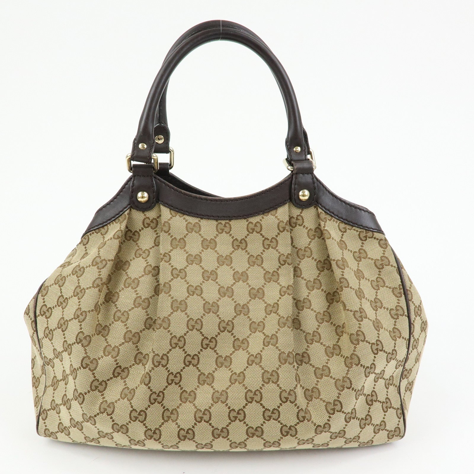 GUCCI GG Canvas Leather Tote Bag Hand Bag Dark Brown Beige 211944