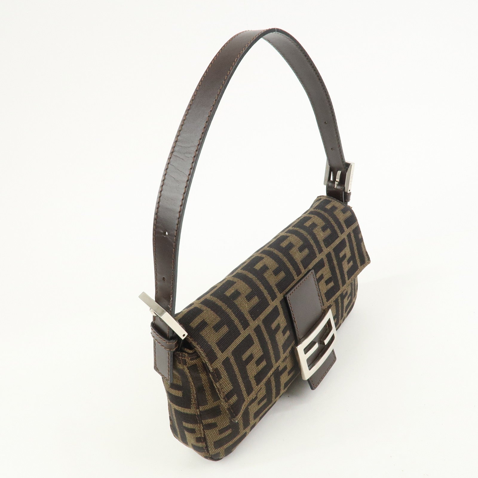 FENDI Mamma Baguette Canvas Leather Shoulder Bag Brown 26424