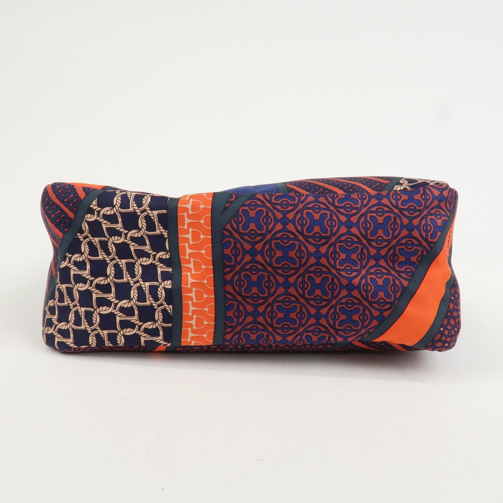 HERMES Fourbi 25 Silk Leather Drawstring Hand Bag Pouch Orange Navy