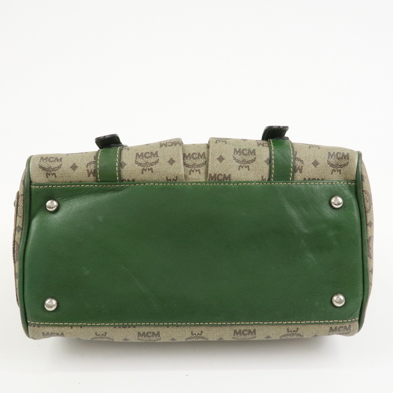 MCM Visetos PVC Coating Canvas Leather Boston Bag Beige Green