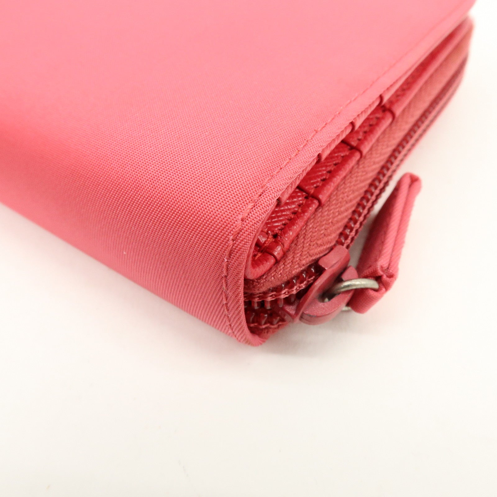 PRADA Triangle Logo Nylon Leather Round Zippy Compact Wallet Pink