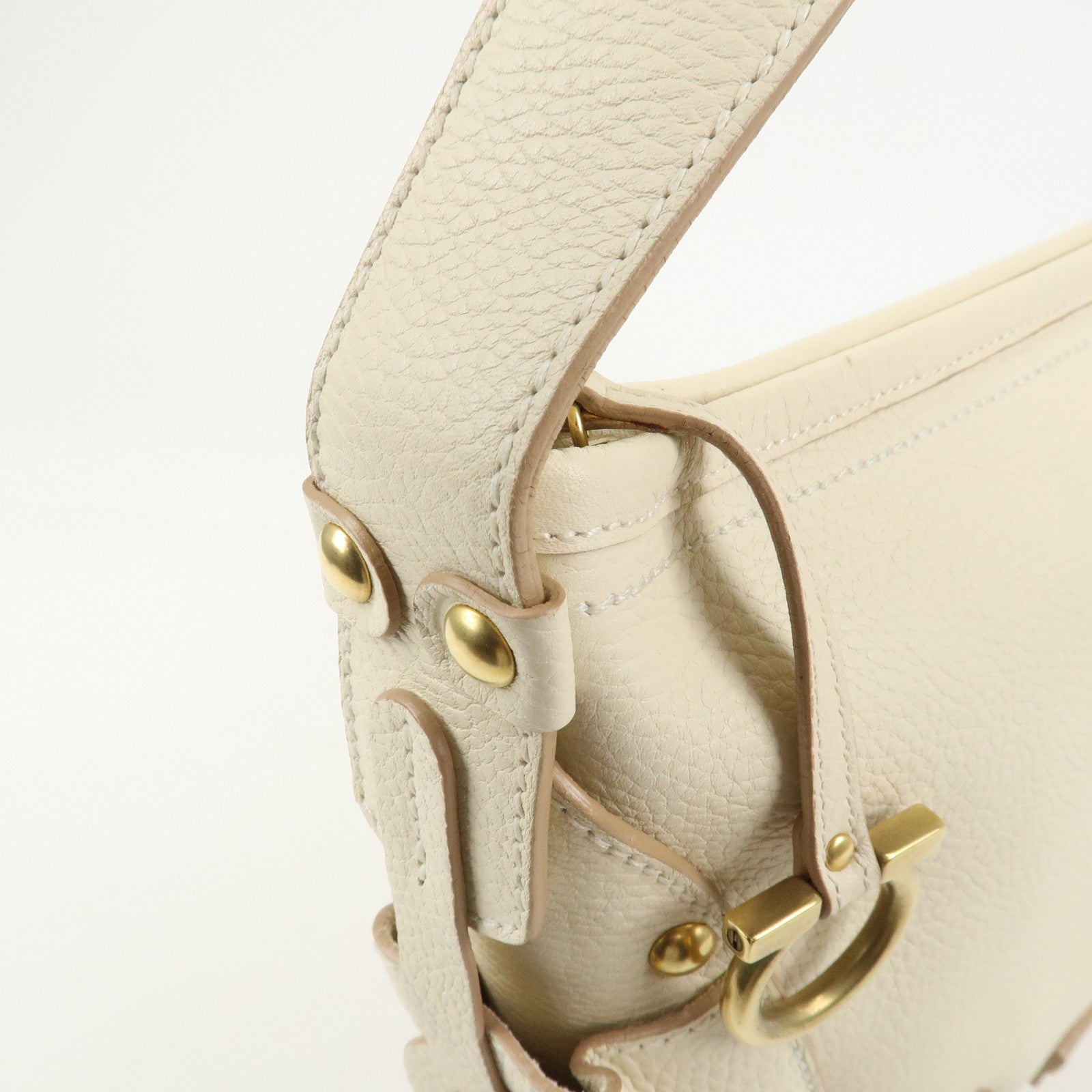 Ferragamo Gancini Logo Leather Shoulder Bag Hand Bag Ivory