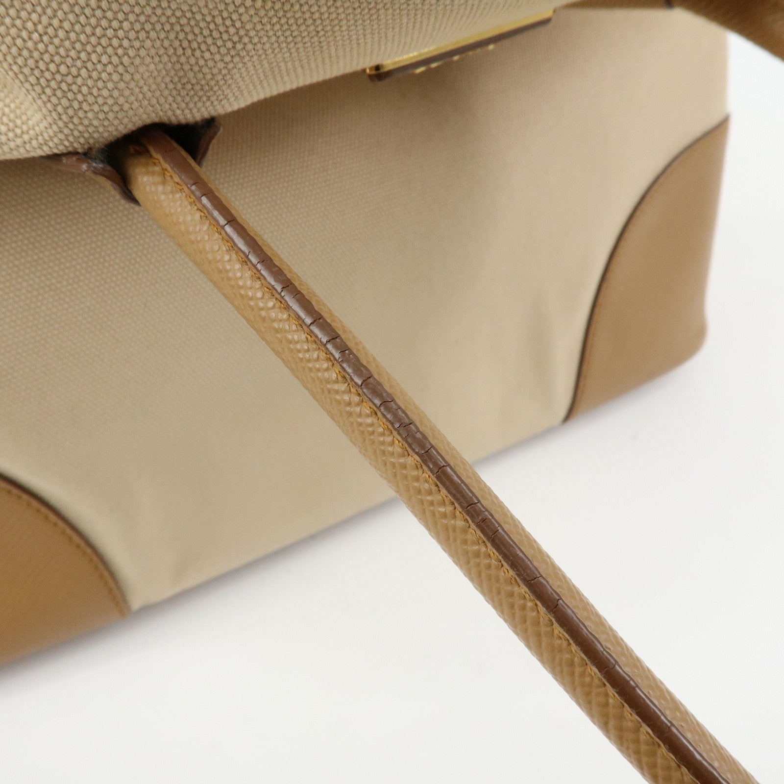 PRADA Triangle Logo Canvas Leather Tote Bag Beige Brown B2756T