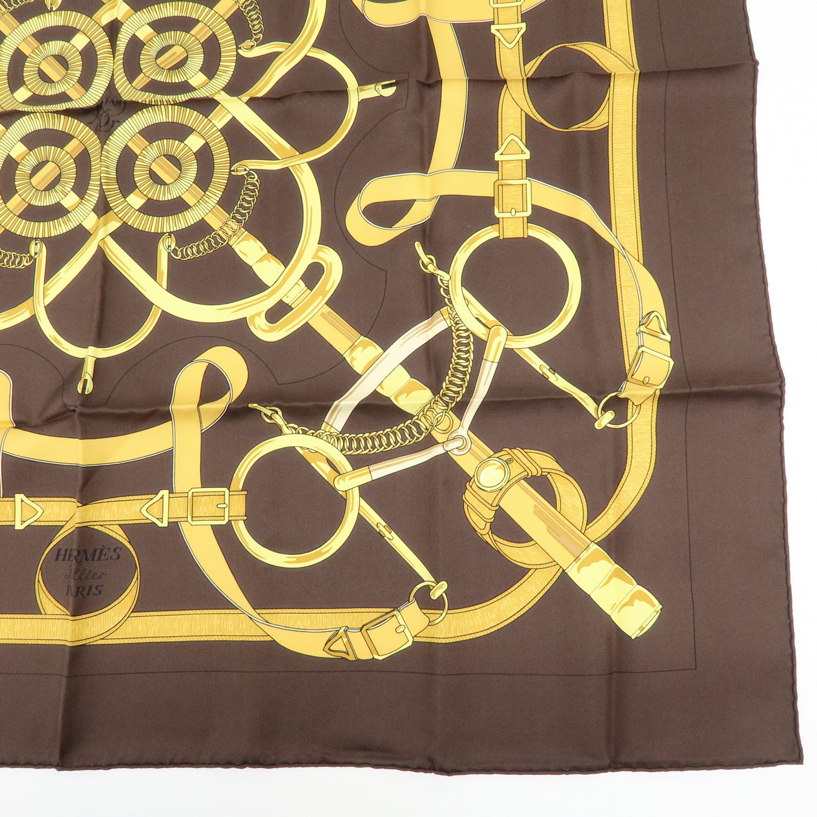 HERMES Carre 90 Silk 100% Scarf Eperon d'or Brown Gold