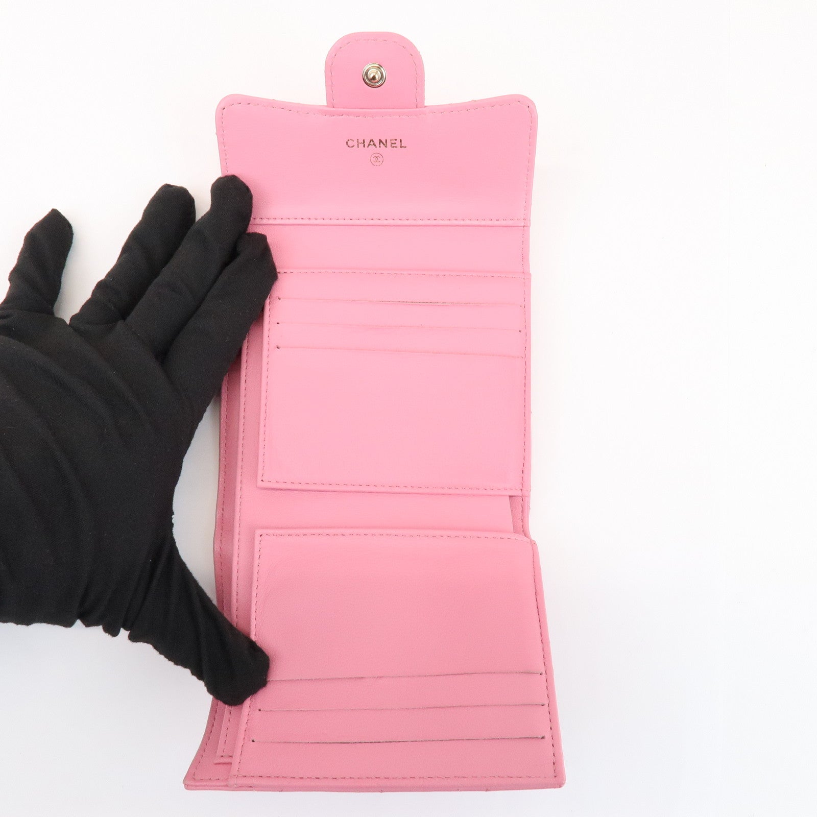 CHANEL Matelasse Lamb Skin Small Tri-Fold Wallet Pink AP0231