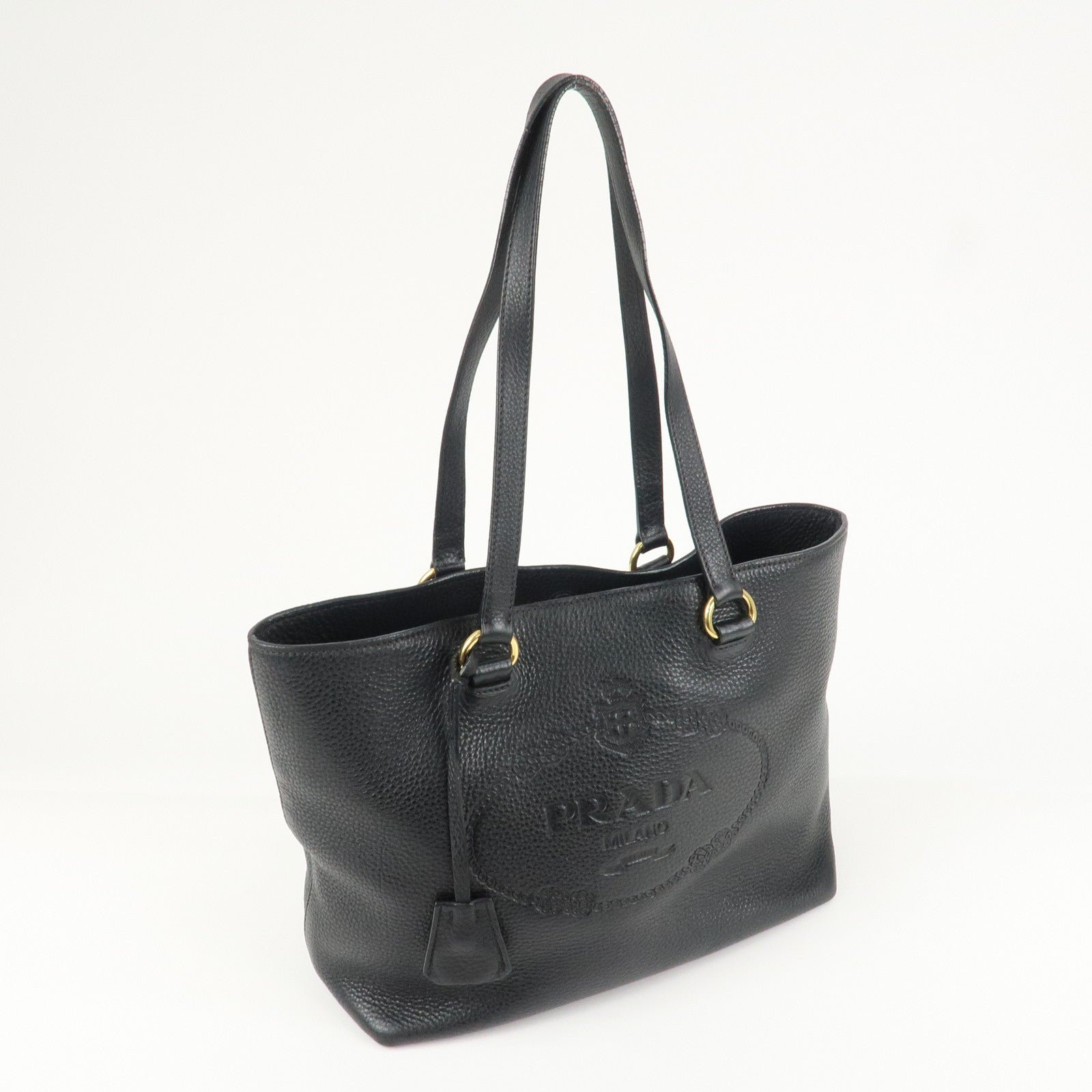 PRADA Logo Leather Tote Bag Shoulder Bag Black 1BG100 Used