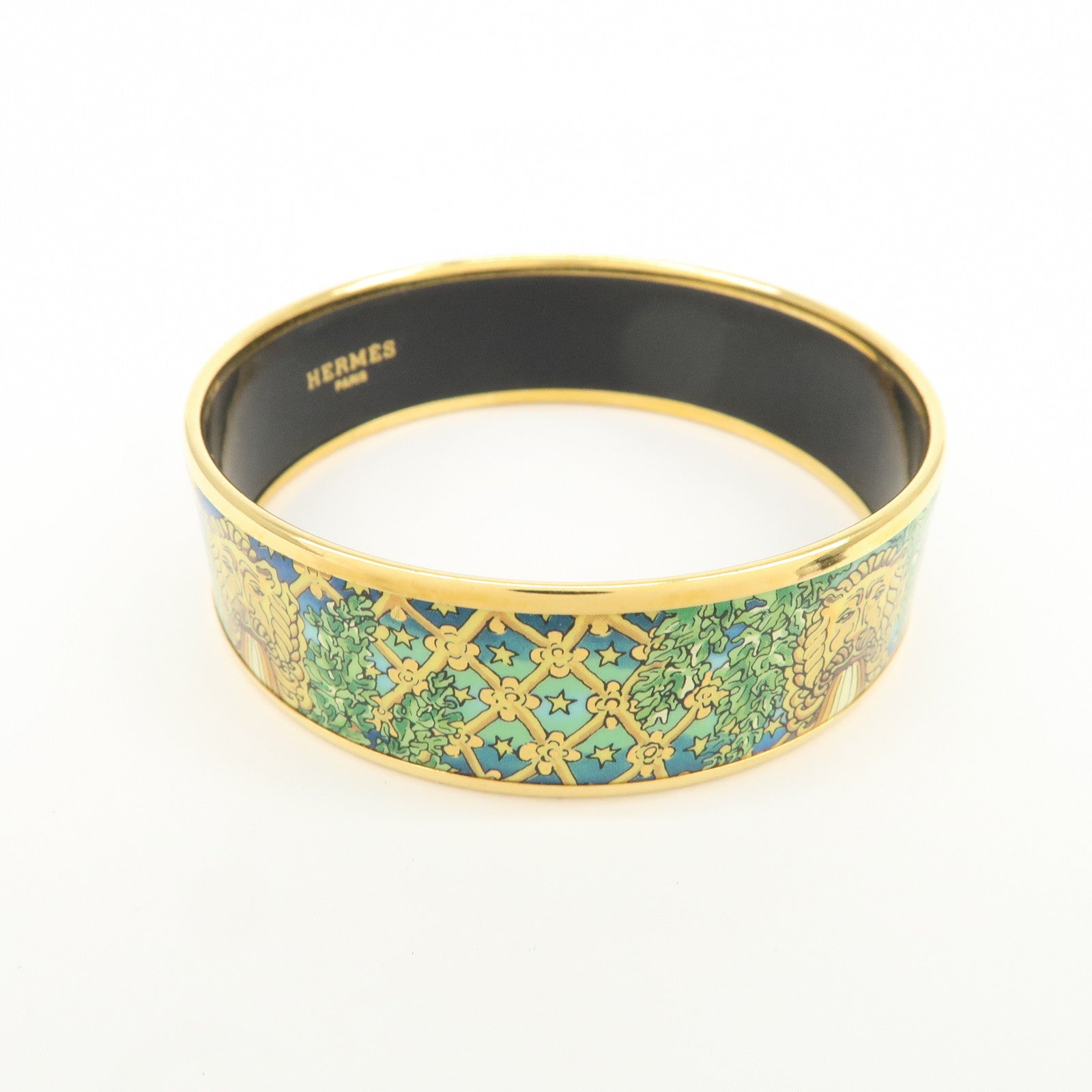 HERMES Email GM Animal Gold Plated Bangle Bracelet Green Gold