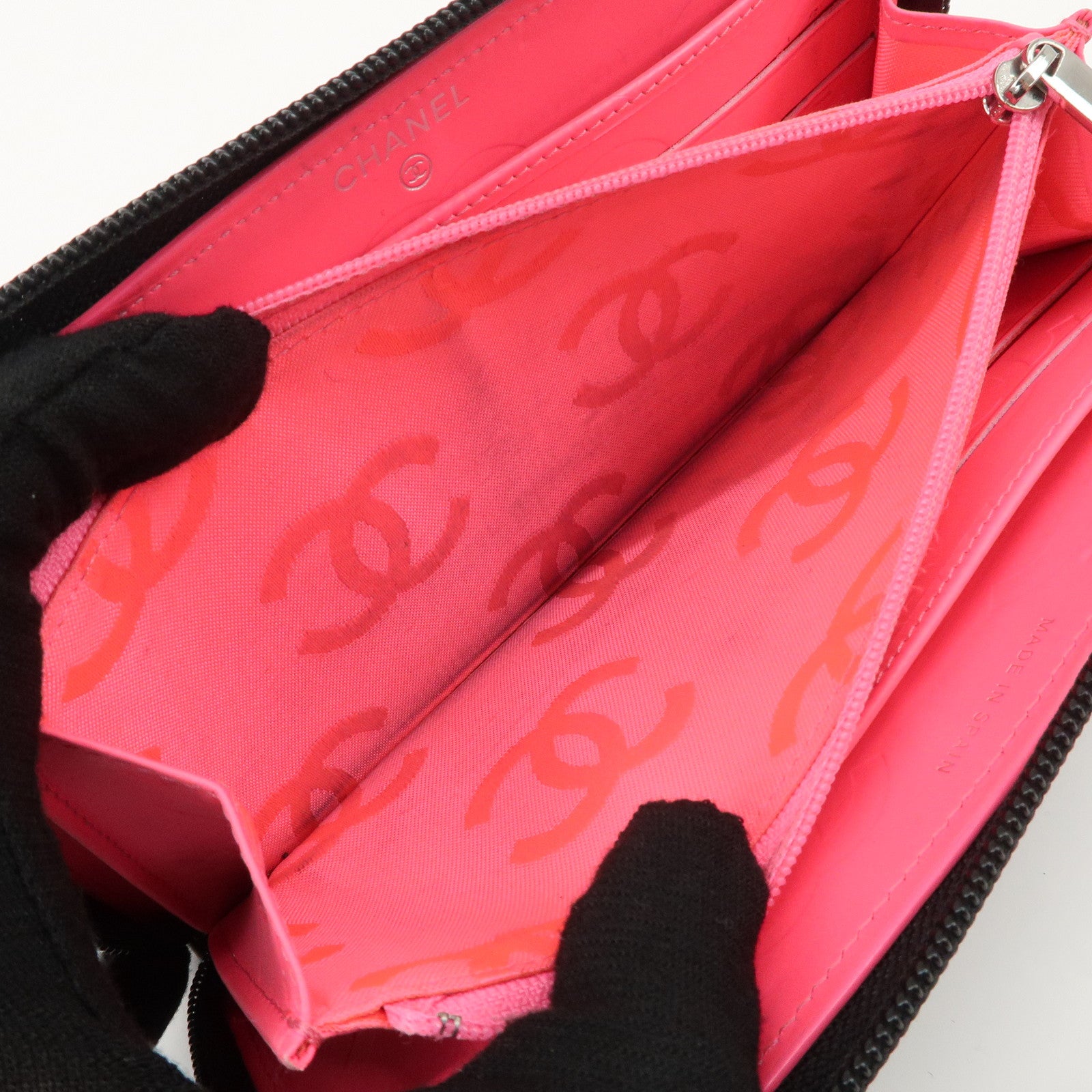 CHANEL Cambon Line Lamb Skin Round Zippy Long Wallet Black A50078 Used