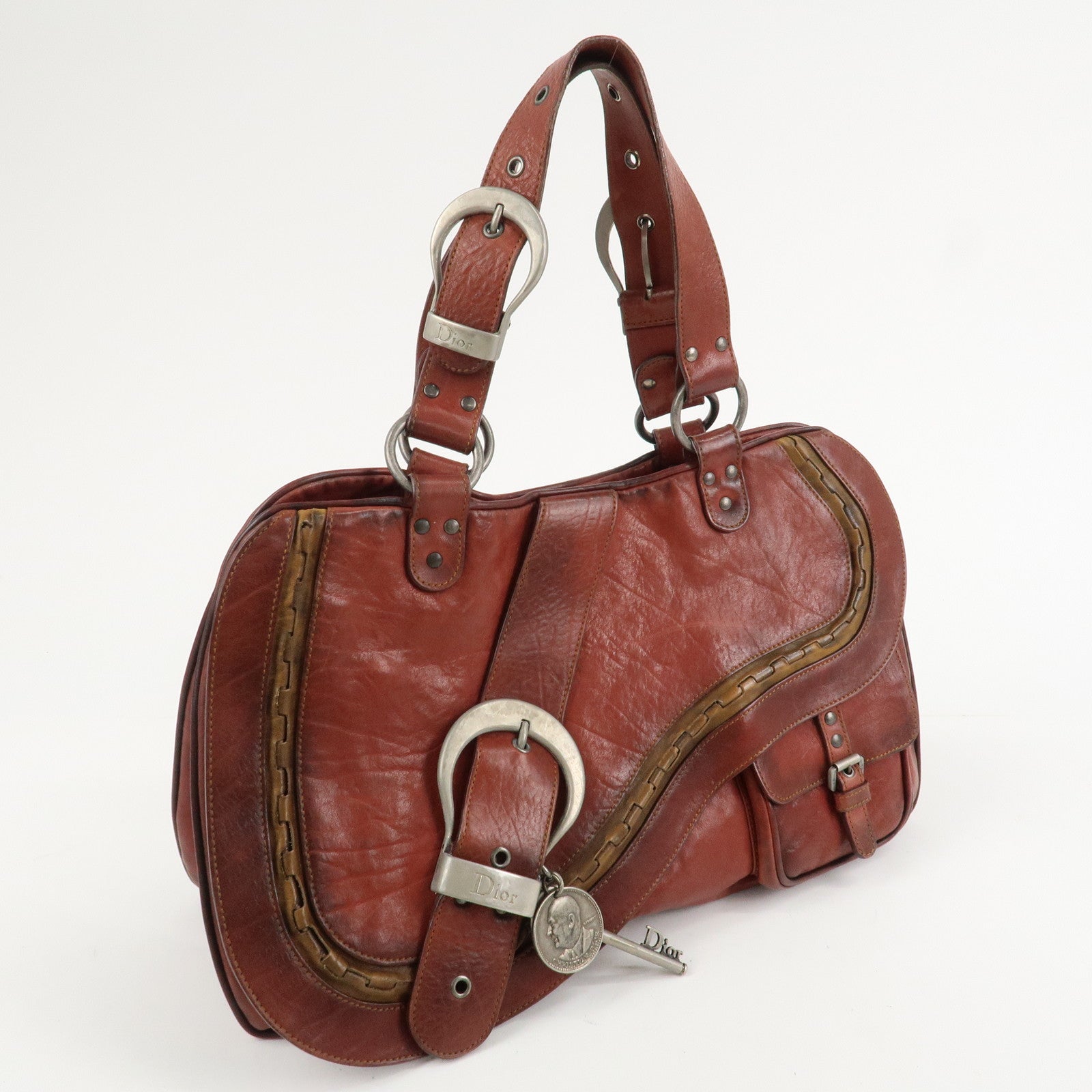 Christian Dior Gaucho Leather Saddle Bag Shoulder Bag Red Brown Used