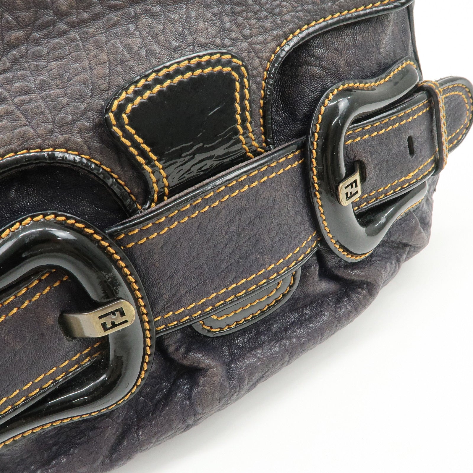 FENDI Leather Patent Leather shoulder Bag Belt Navy 8BR551