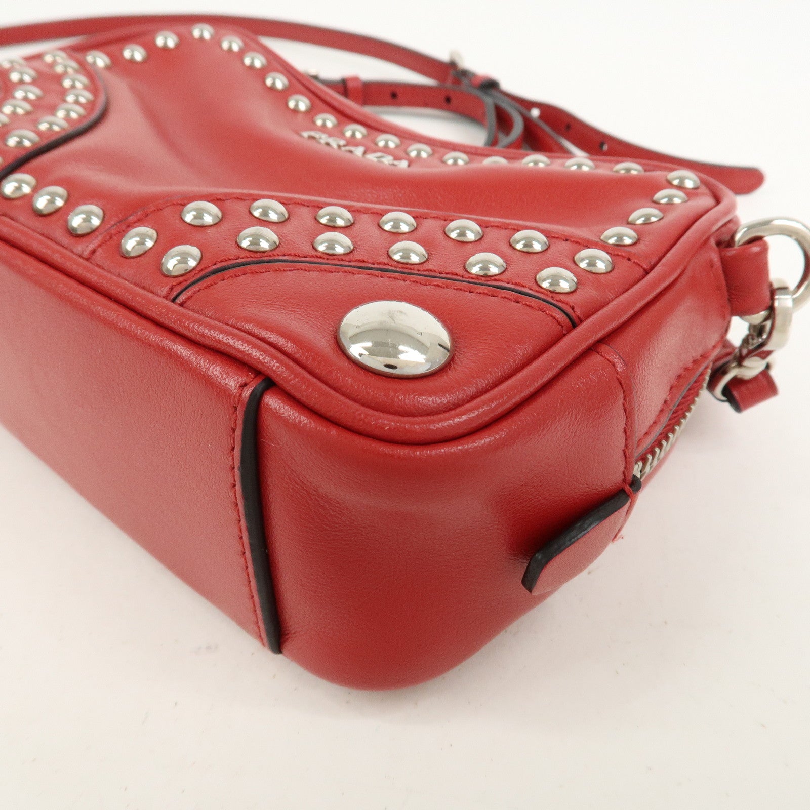 PRADA Logo Leather Mini Shoulder Bag Camera Bag Studs Red 1N1674