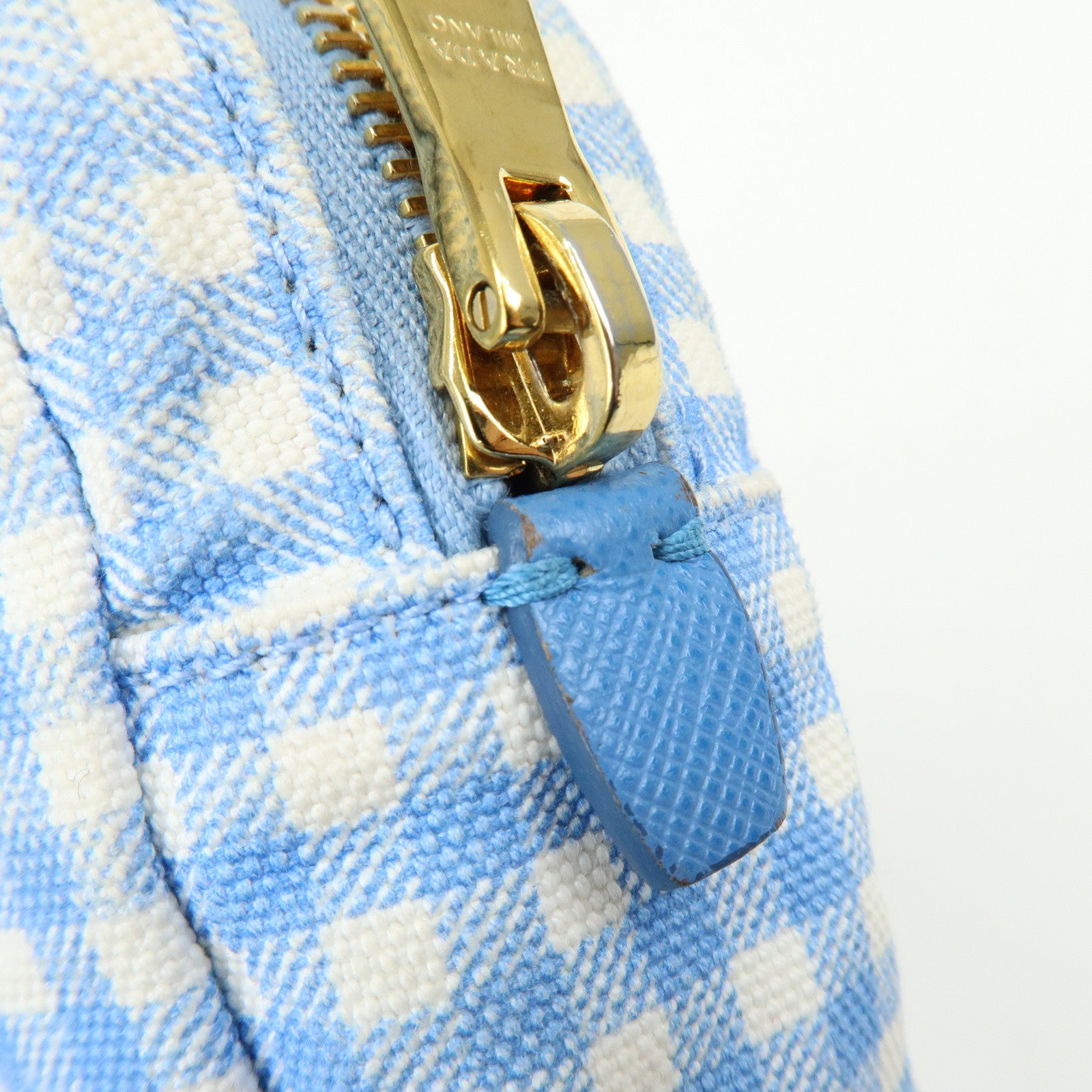 PRADA Triangle Logo Canvas Gingham Pattern Pouch Blue 1NA021