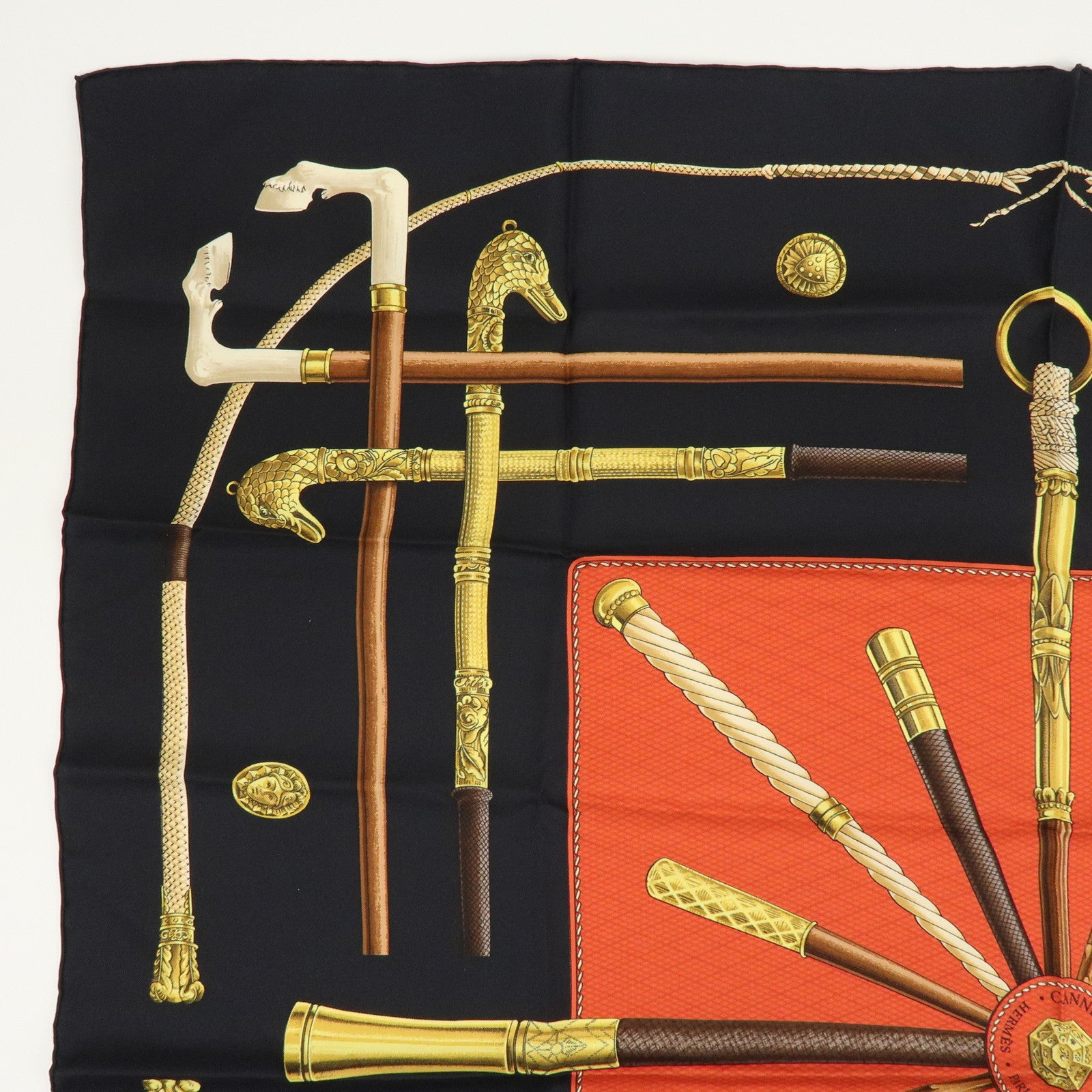 HERMES Carre 90 Silk 100% Scarf CANNES ET POMMEAUX Black Red Brown