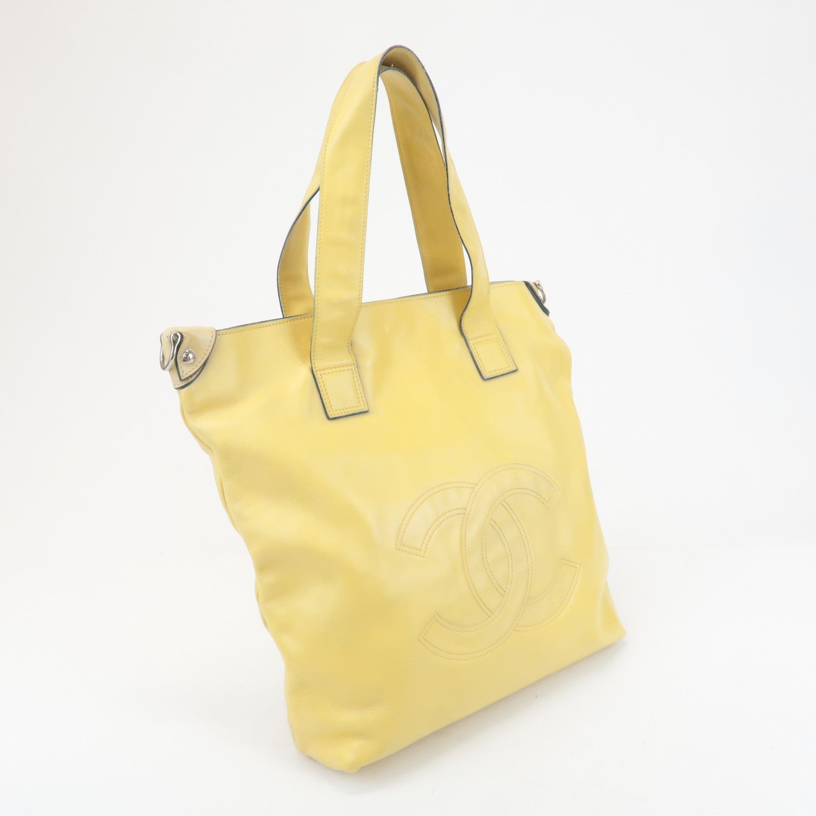CHANEL COCO Mark Lamb Skin 2Way Bag Tote Bag Yellow Used
