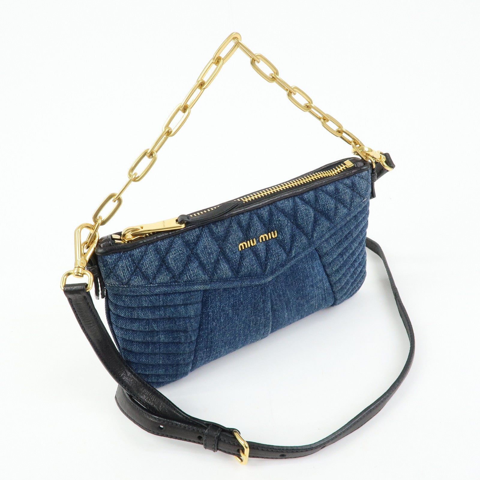 MIU MIU Denim Leather Chain Biker 2Way Bag Hand Bag Shoulder Bag RP0374