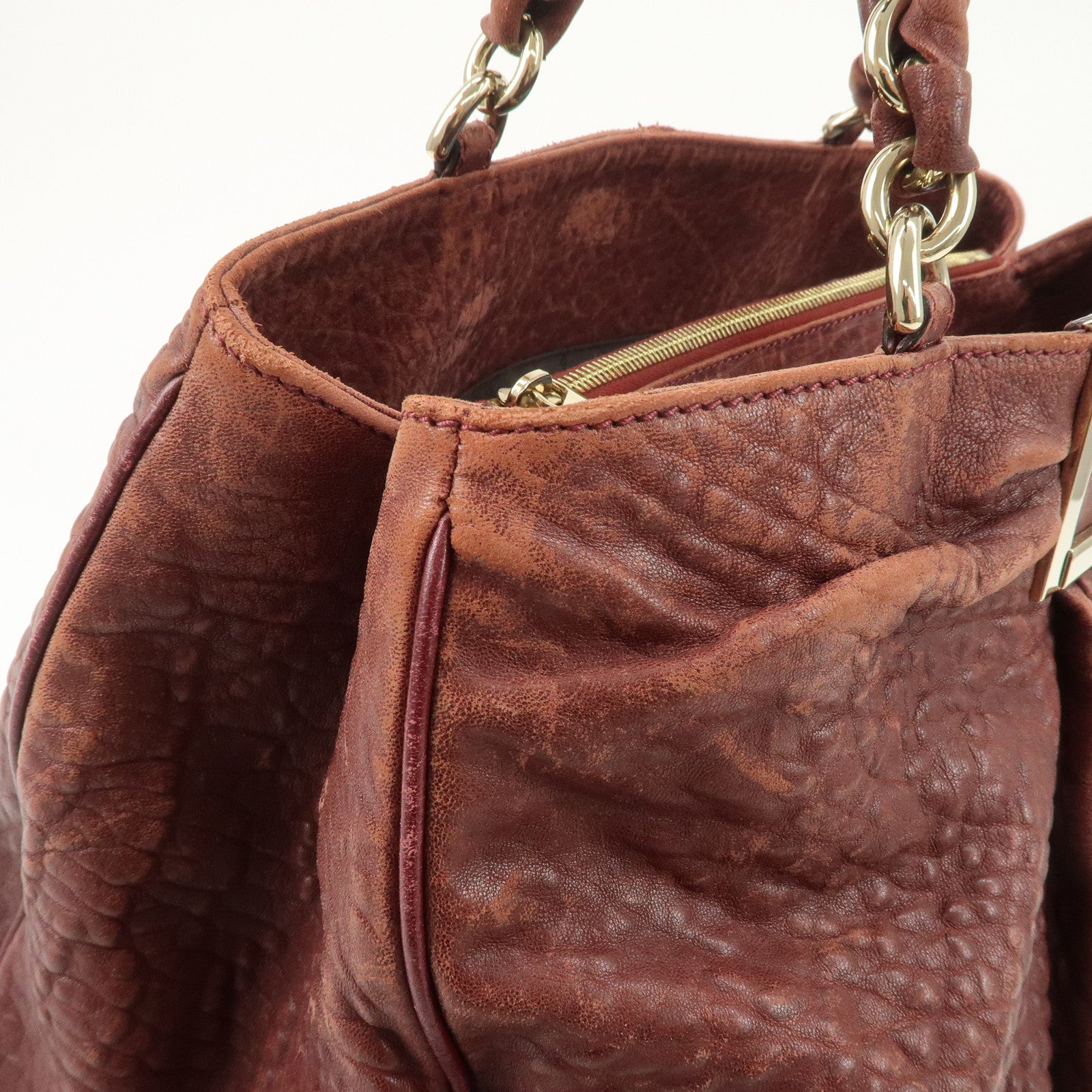 FENDI Mia Logo Leather Chain Tote Bag Shoulder Bag Bordeaux 8BR616