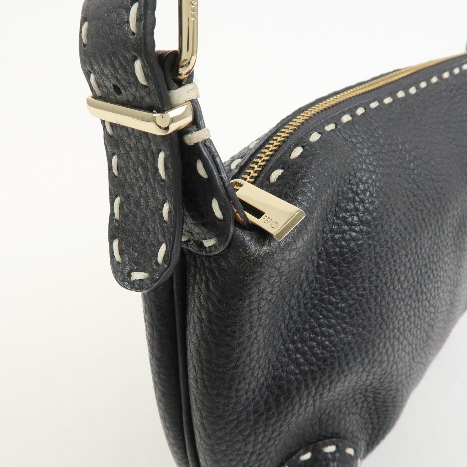 FENDI Selleria Logo Leather Shoulder Bag Hand Bag Black