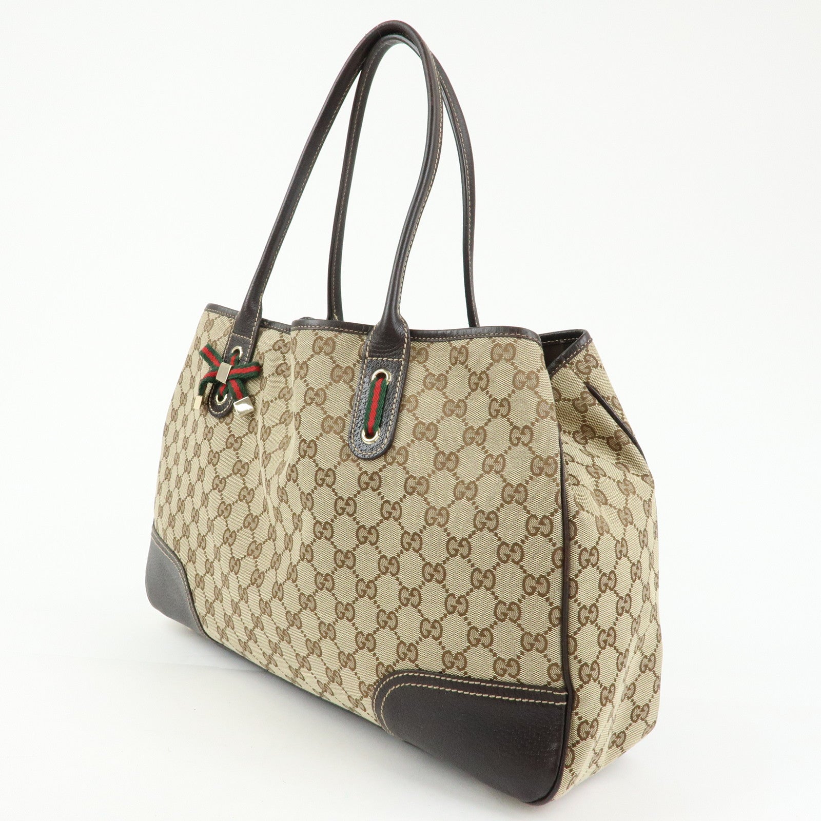 GUCCI Princy GG Canvas Leather Tote Bag Beige Dark Brown 161719