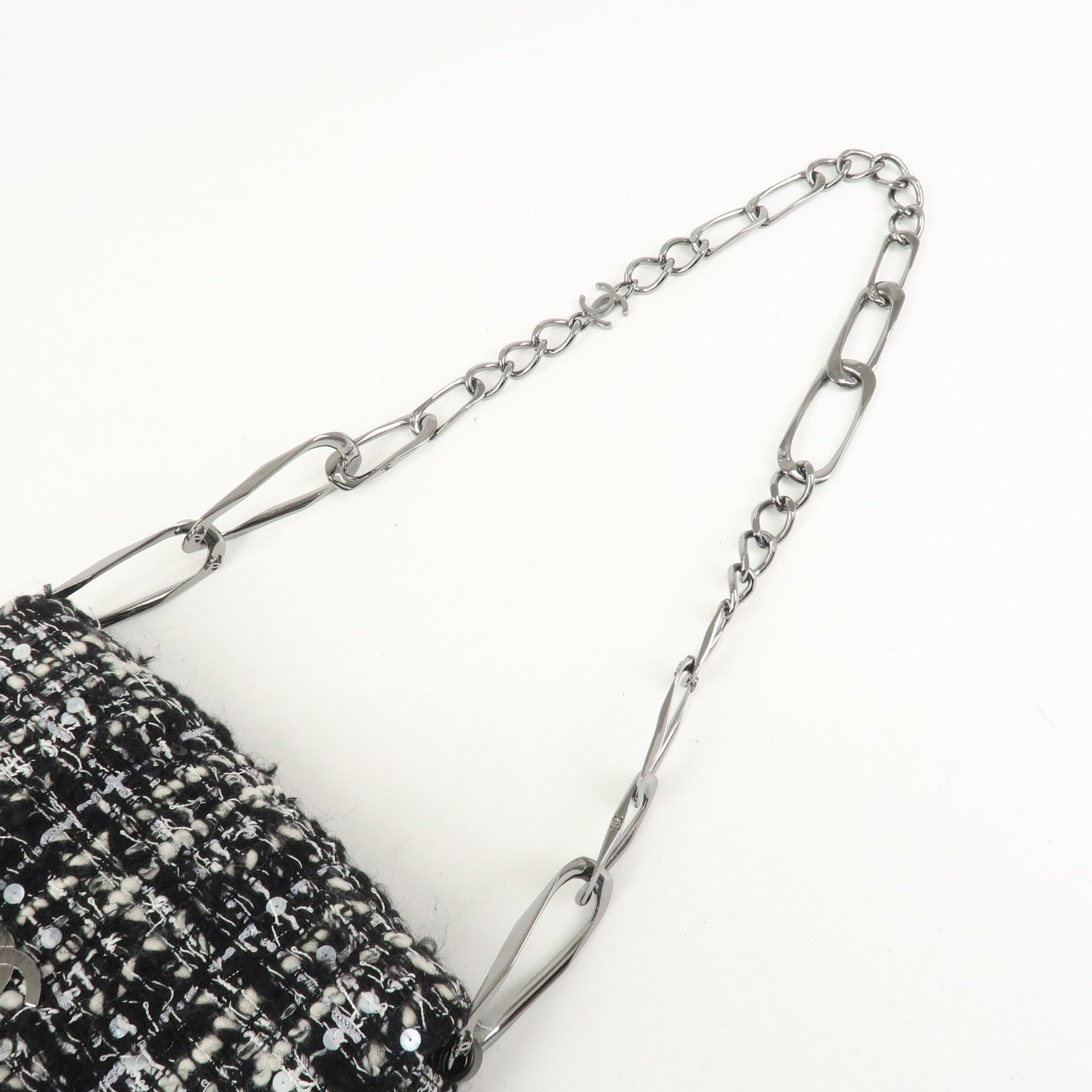 CHANEL Tweed Chain Shoulder Bag Hand Bag Black White 8645695