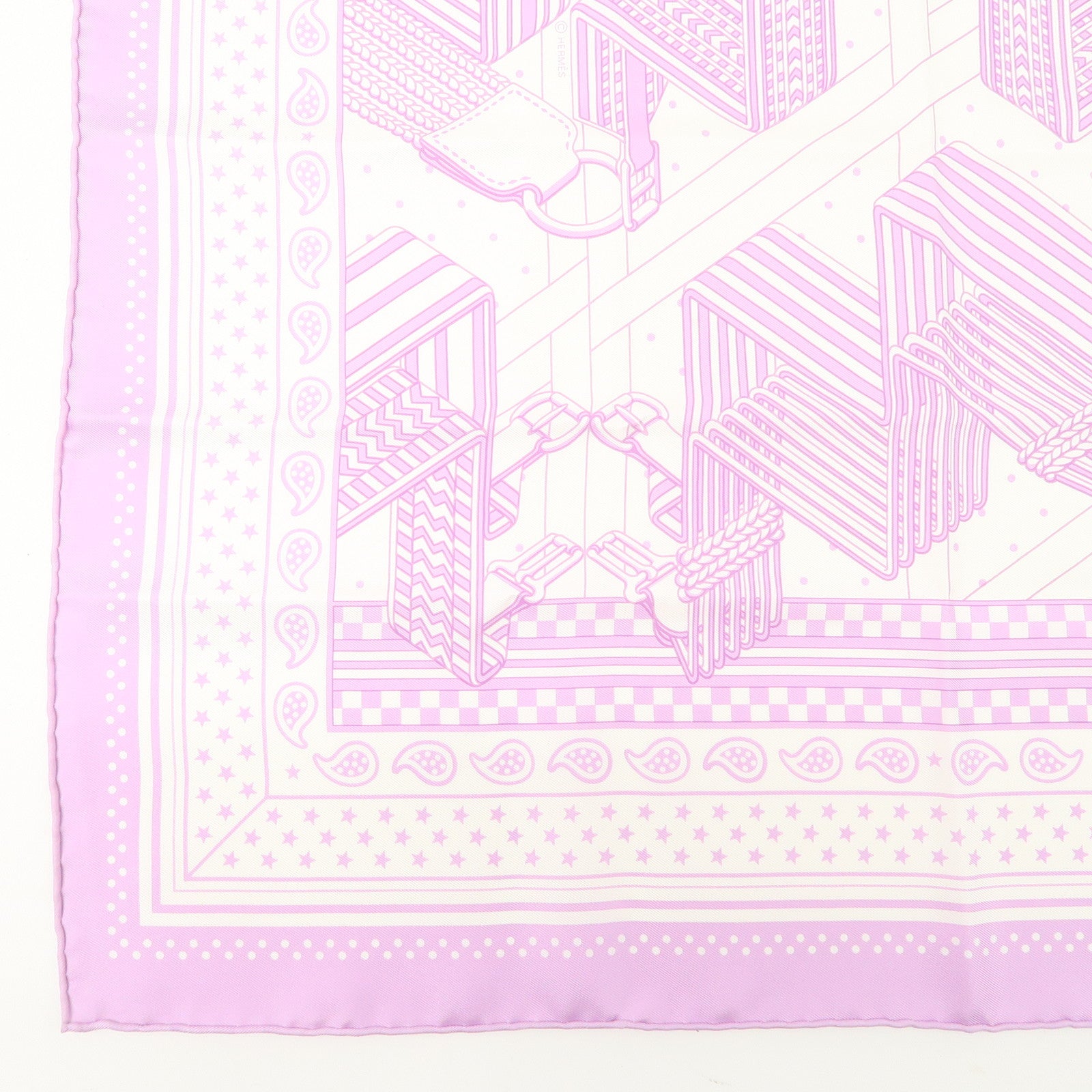 HERMES Carre 55 Silk 100% Scarf SANGLEA EN ZIGZAG Purple White