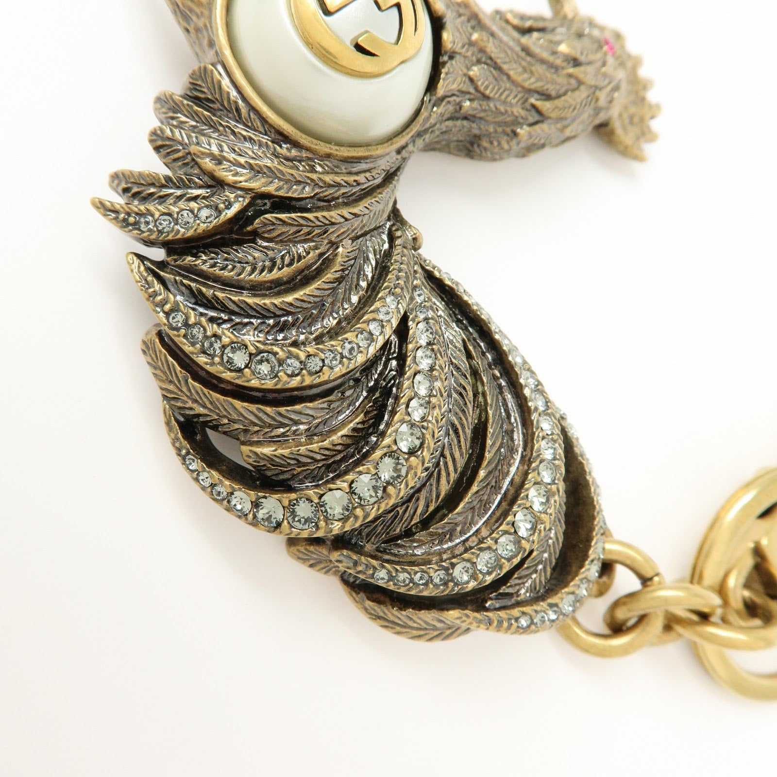 GUCCI Interlocking G Metal Rhinestone Faux Pearl Bag Charm Gold