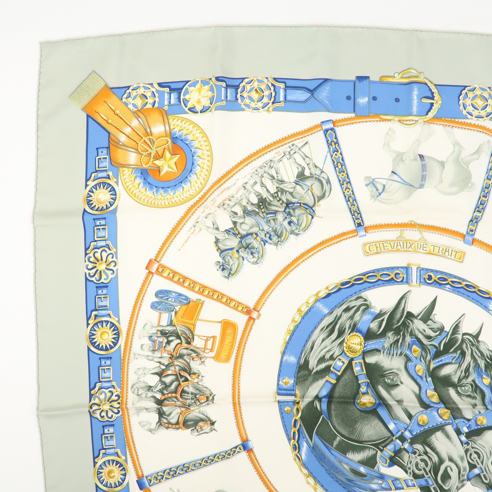 HERMES Carre 90 Silk 100% Scarf CHEVAUX DE TRAIT Ivory Multicolor