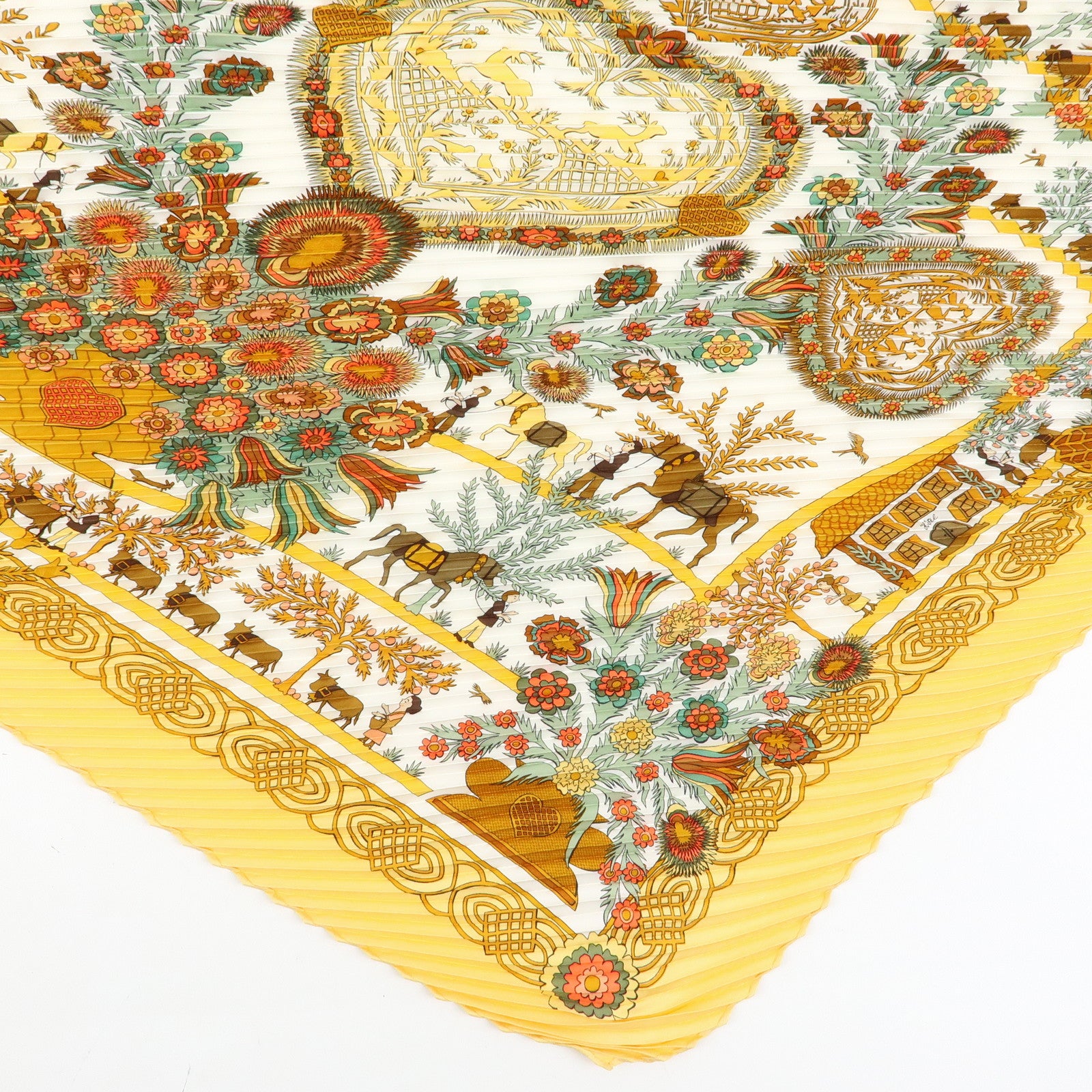 HERMES Pleated Carre 90 Silk 100% Scarf DECOUPAGES Yellow Orange
