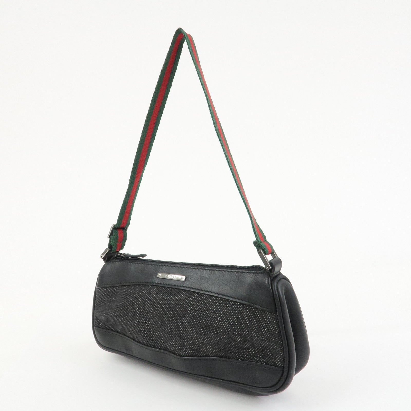 GUCCI Sherry Denim Leather Accessory Pouch Hand Bag Black 92820
