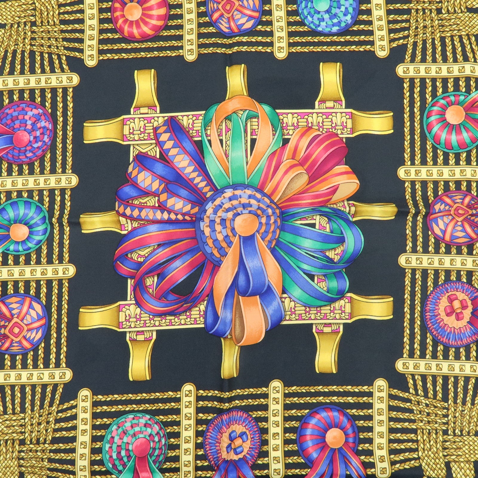 HERMES Carre 90 Silk 100% Scarf LES RUBANS DU CHEVAL Black Gold