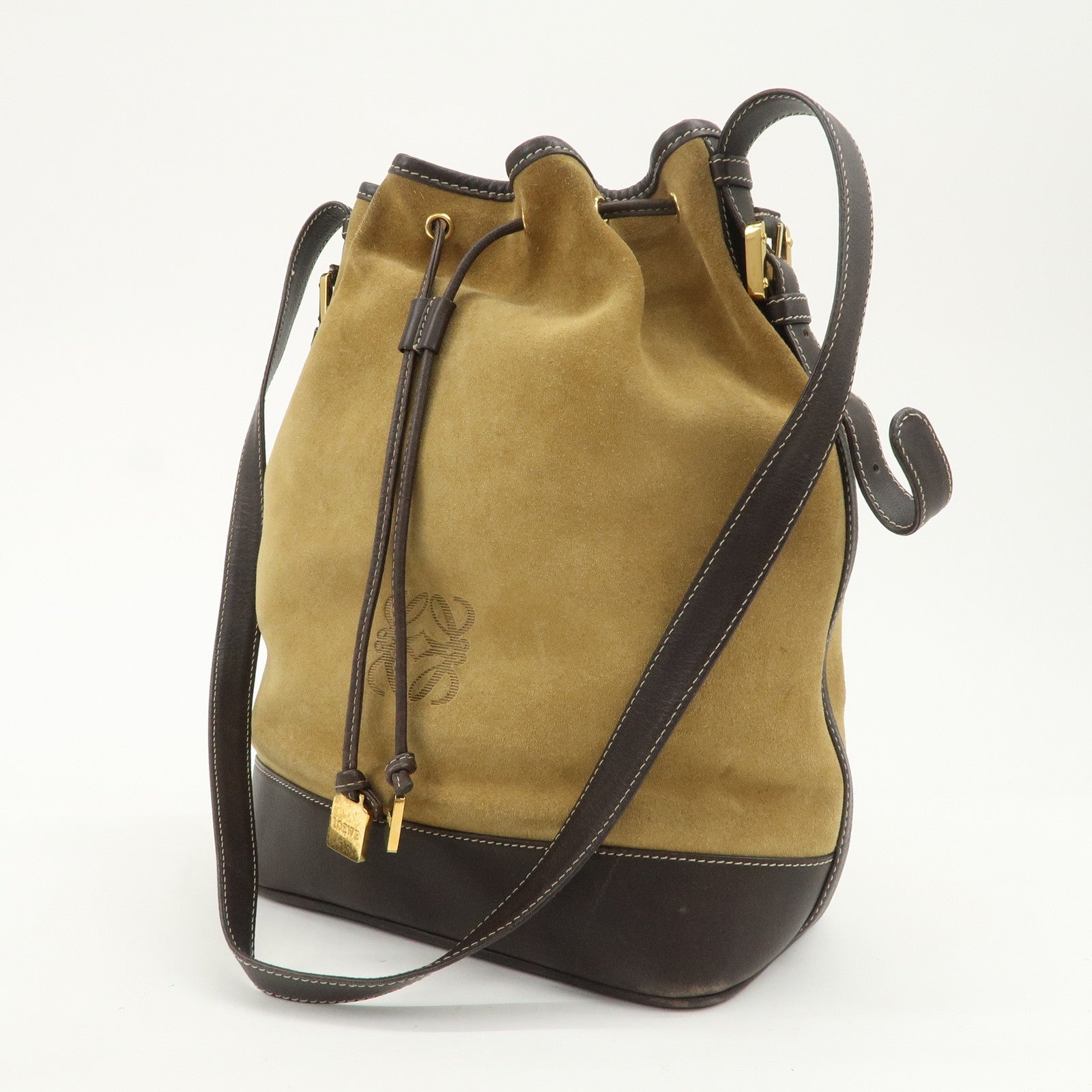 LOEWE Anagram Logo Suede Leather Shoulder Bag Brown
