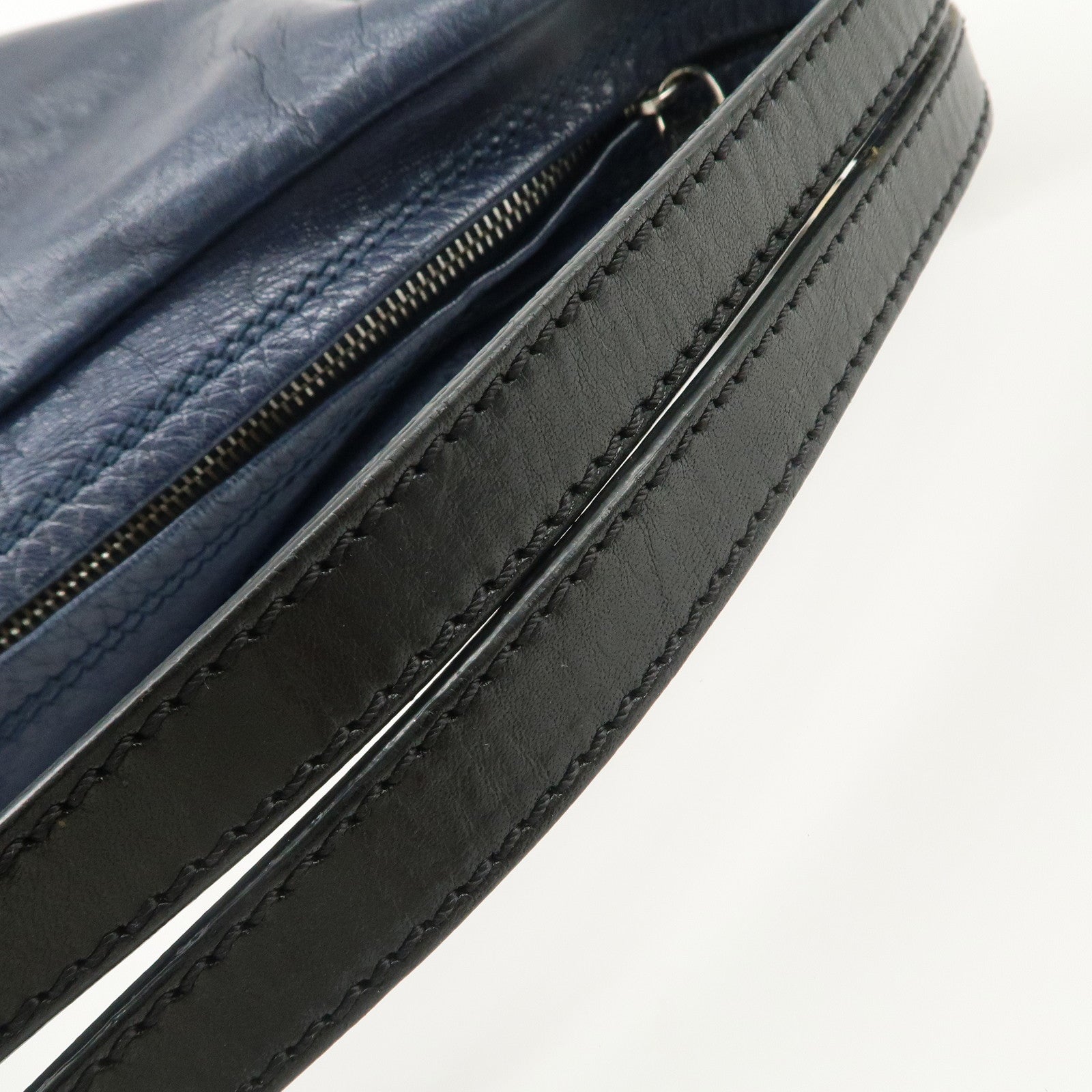 FENDI Leather Shoulder Bag Navy Black Silver HDW 8BR293 Used