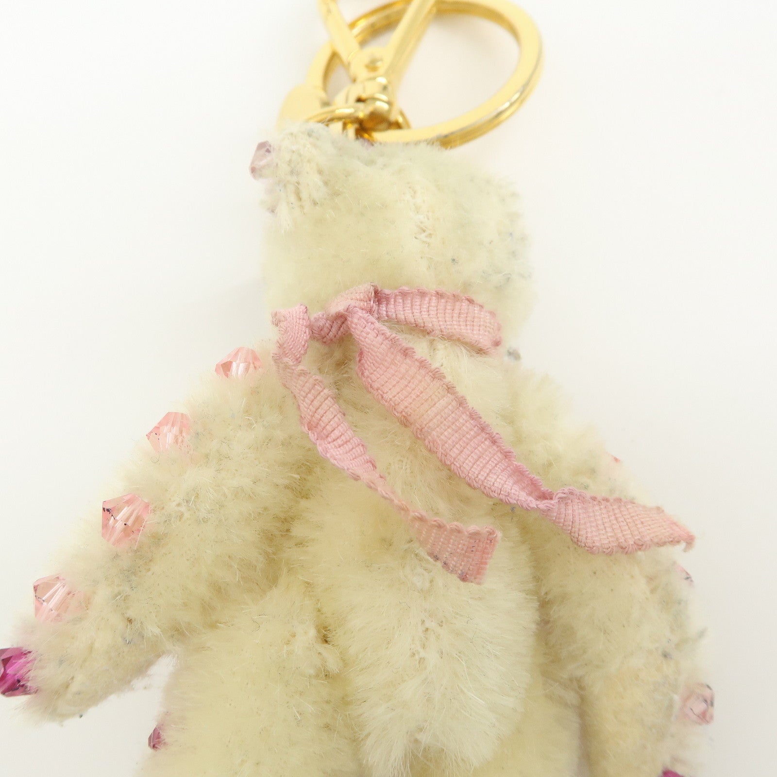 PRADA Triangle Logo Bear Mohair Bag Charm Key Holder Beige Pink