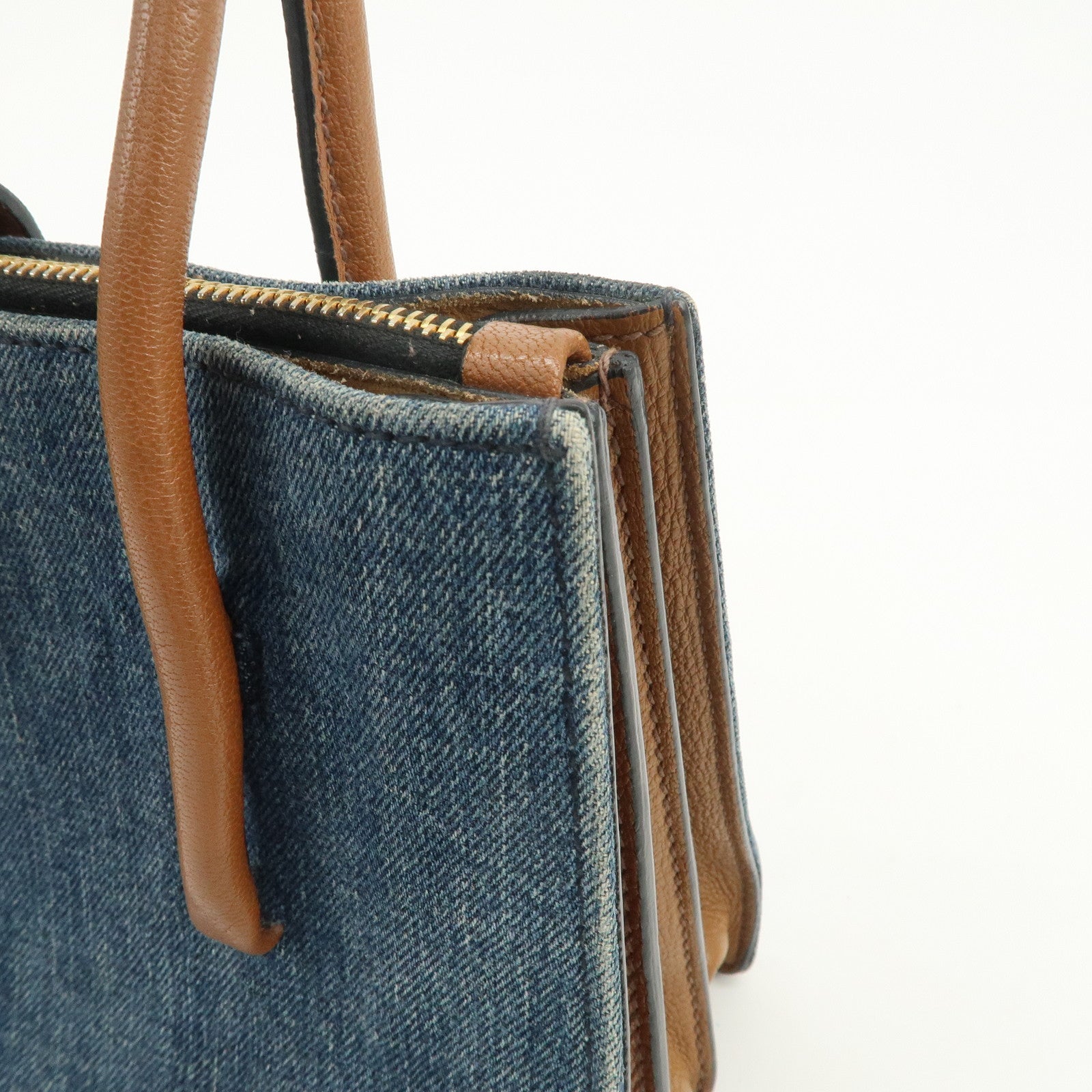MIU MIU Madras Convertible Denim Leather 2Way Bag Hand Bag 5BA104