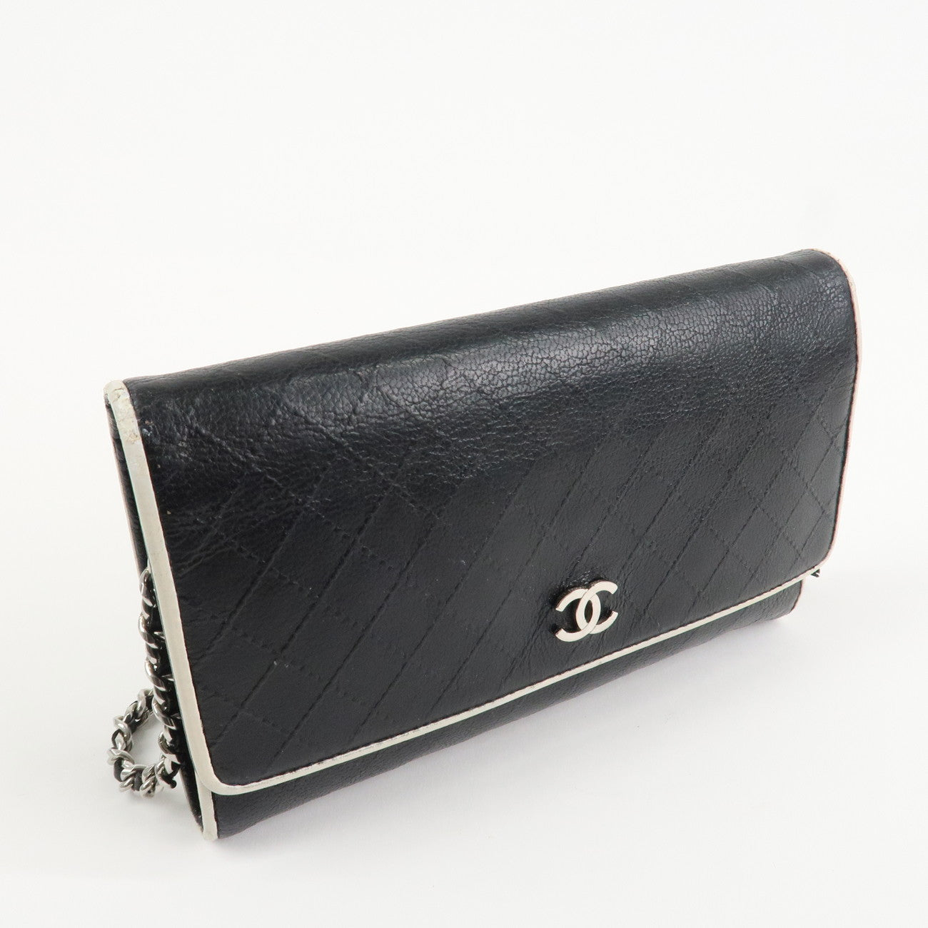 CHANEL Matelasse Leather Chain Long Wallet Dark Navy Bicolore Used