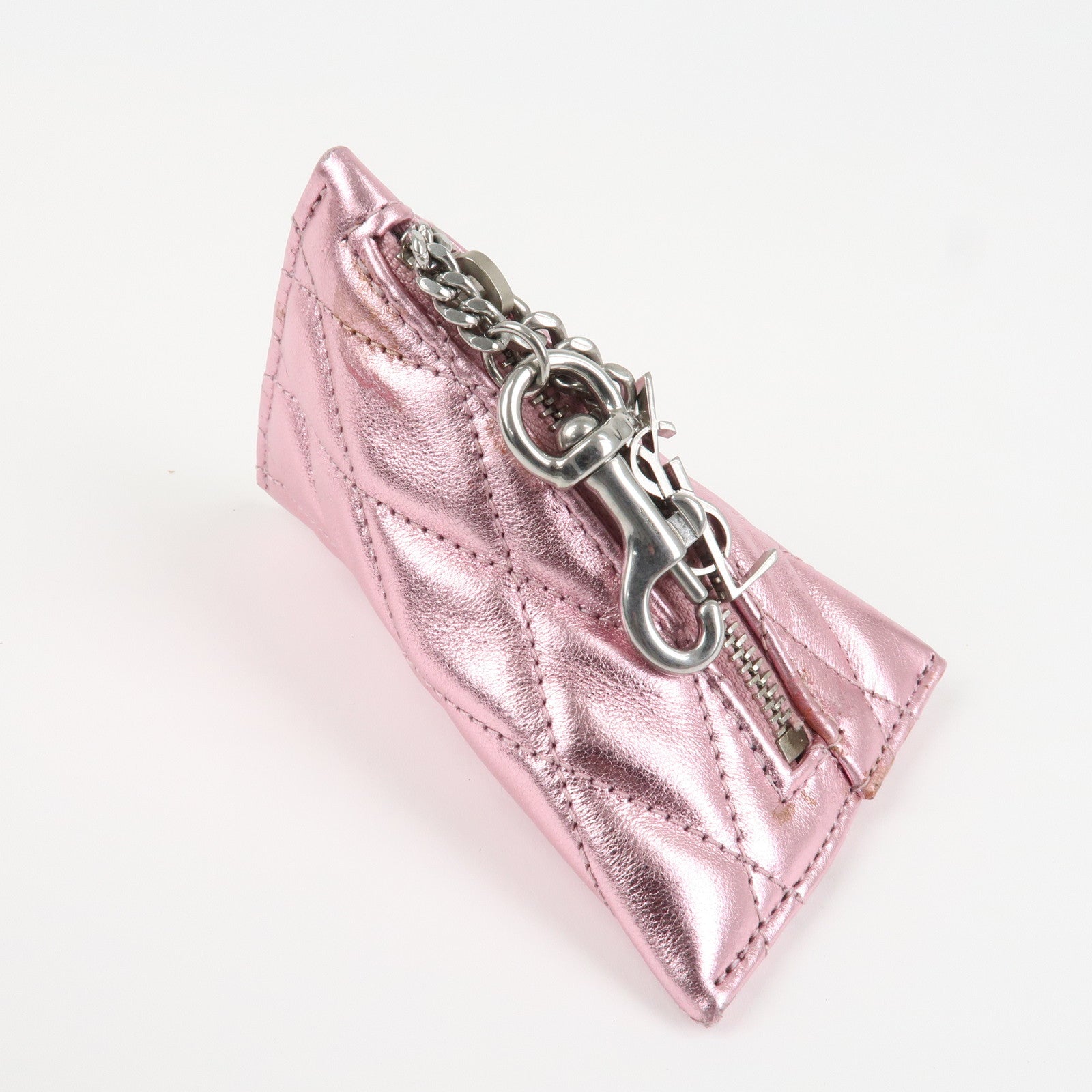 SAINT LAURENT PARIS Leather Coin Case Key Case Metallic Pink Used