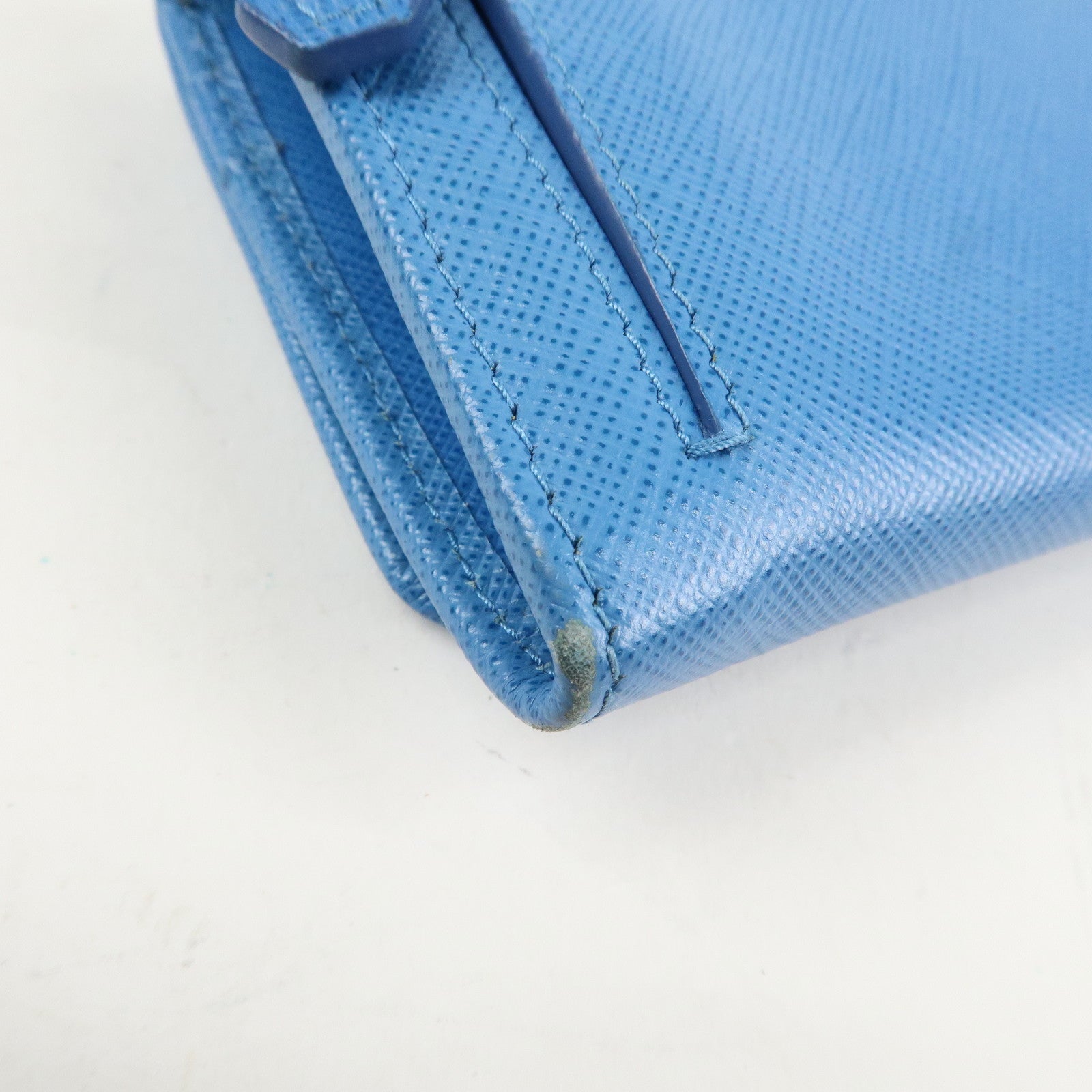 PRADA Saffiano Leather Bi-Fold Long Wallet Blue Gold HDW 1MH132 Used