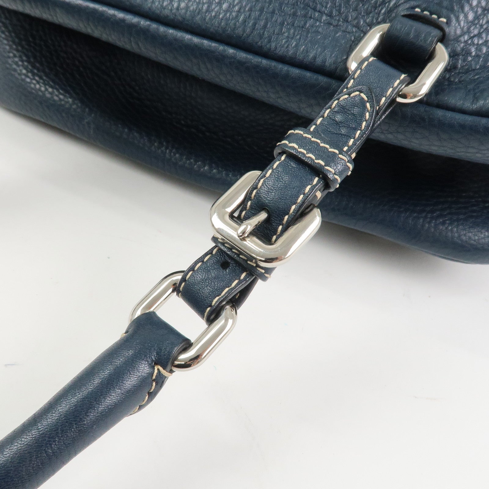 PRADA Logo Leather Boston Bag Hand Bag Navy BR3091