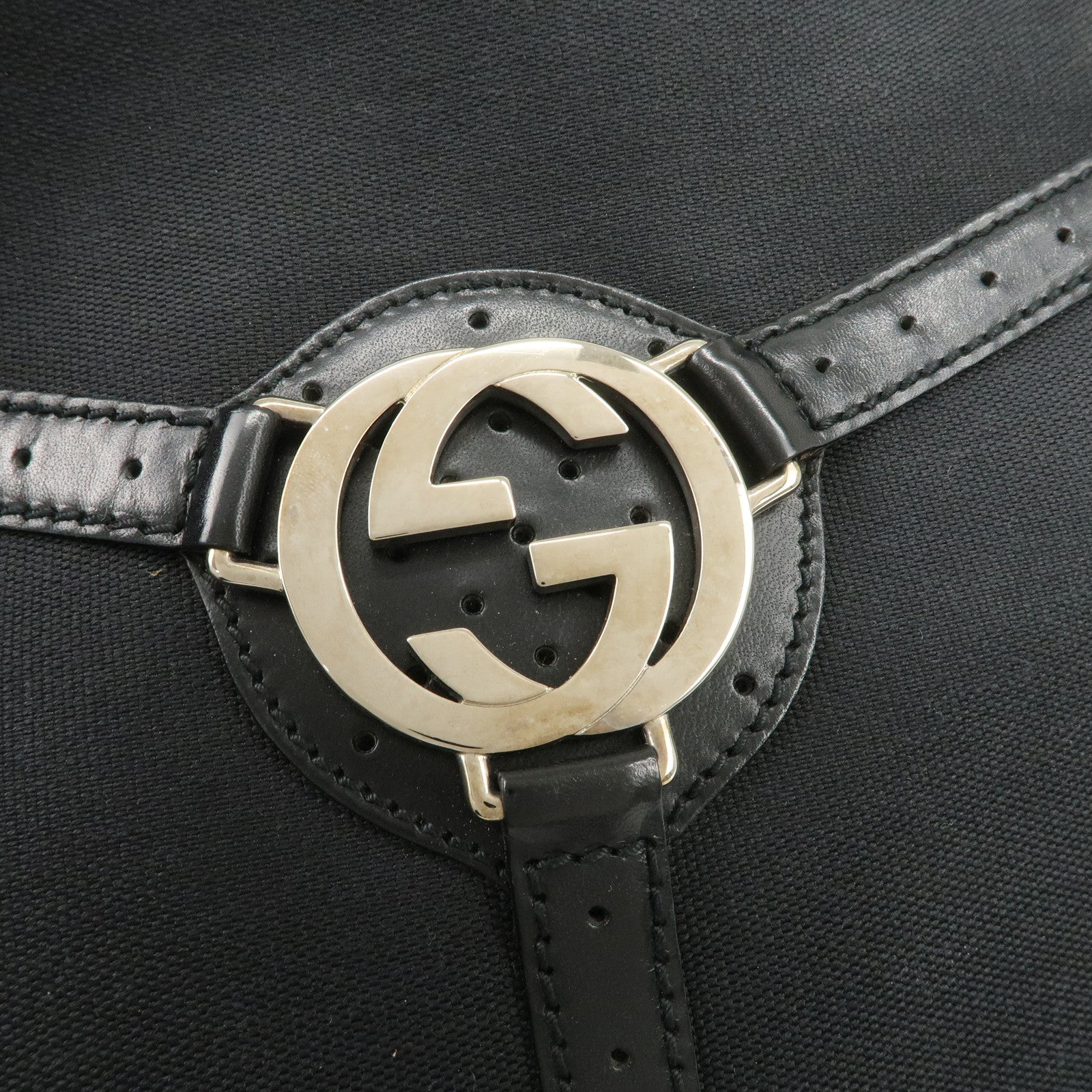 GUCCI Interlocking G Canvas Leather Hand Shoulder Bag Black 114875 Used