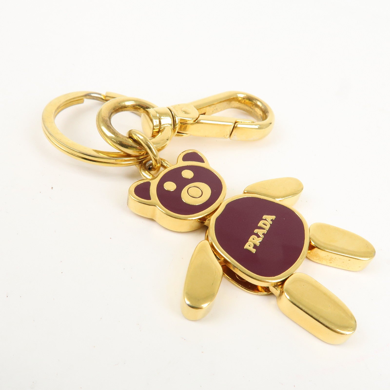 PRADA Bear Motif Bag Charm Key Chain Burgundy Gold Used