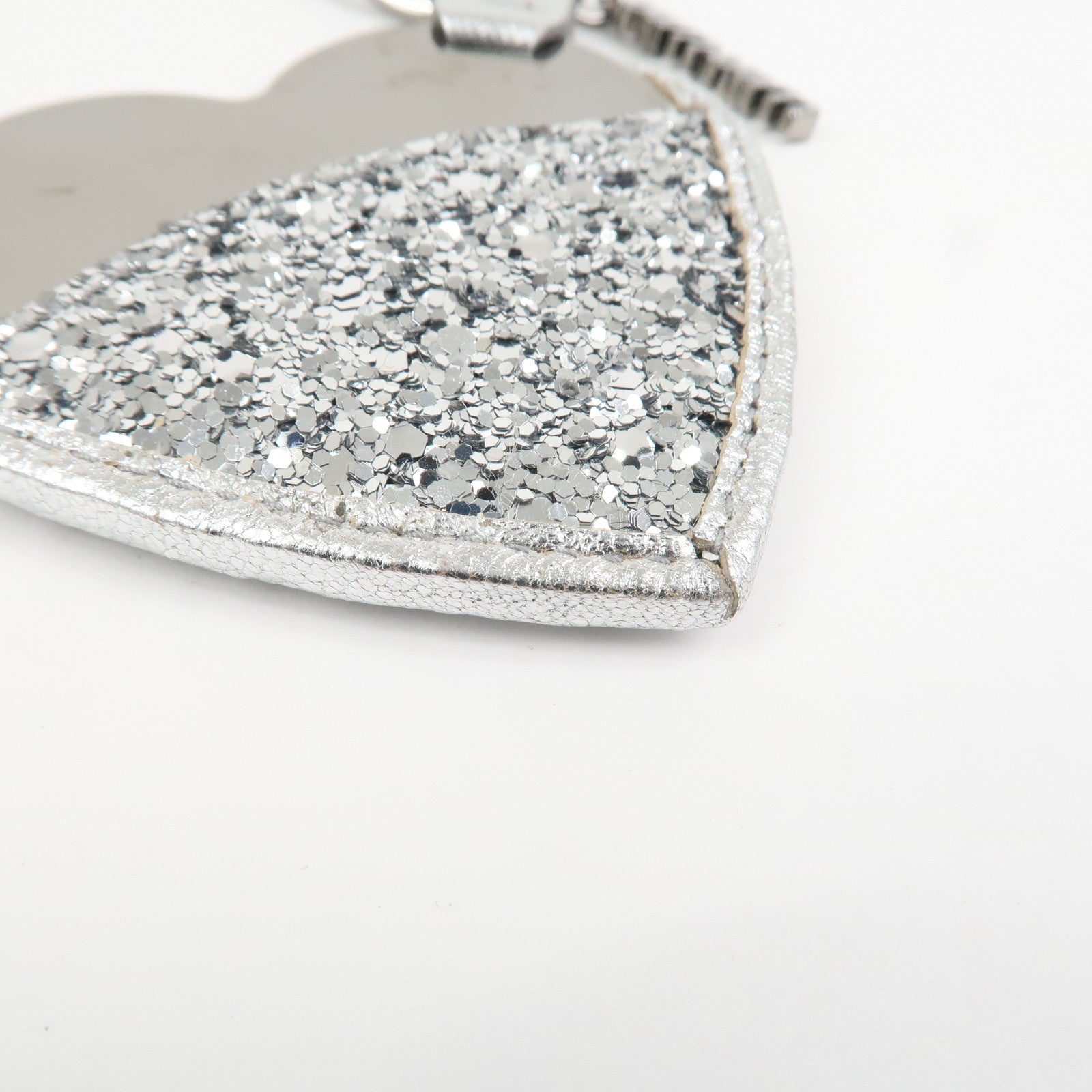 MIU MIU Heart Motif Glitter Leather Key Chain Bag Charm Silver