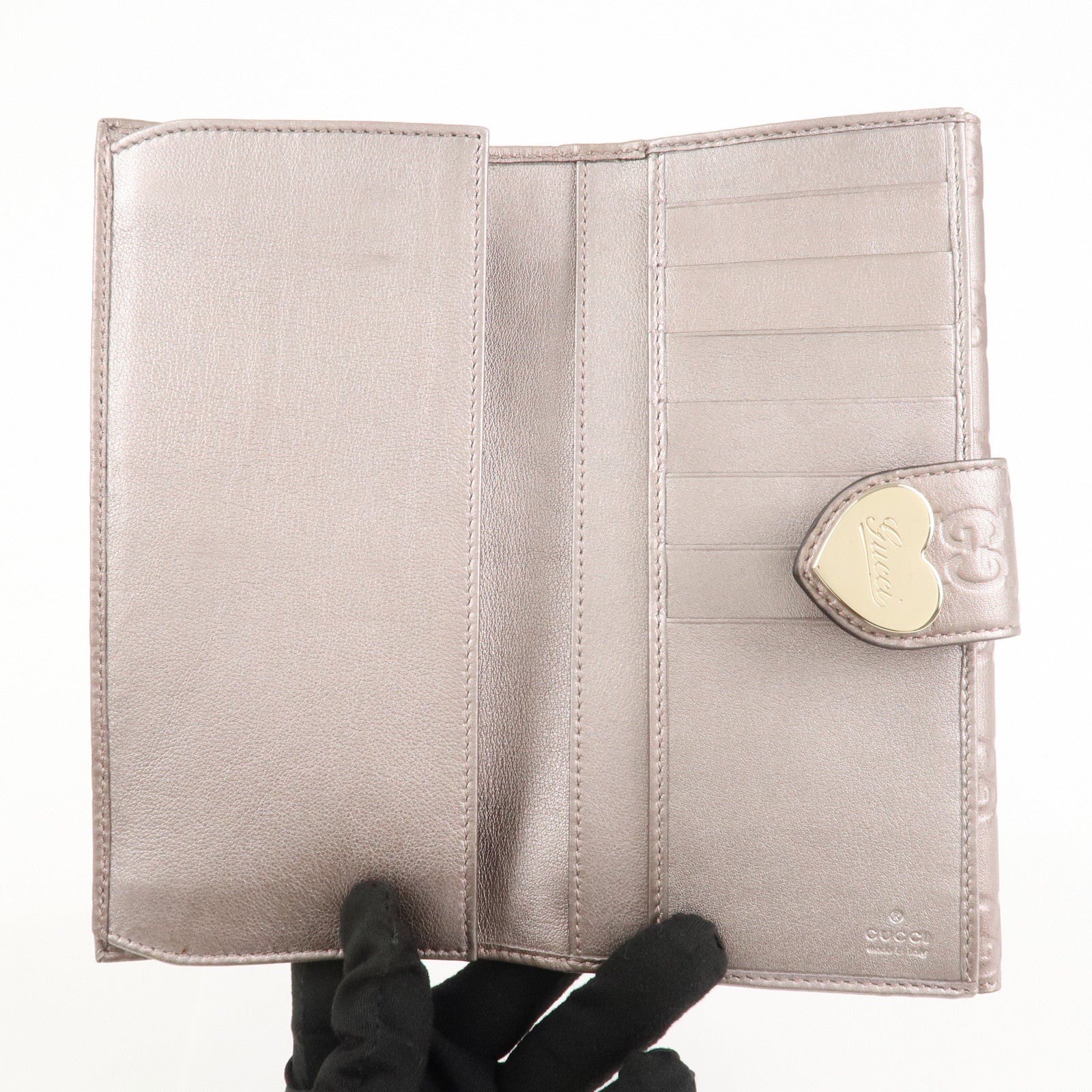 GUCCI Guccissima Leather Heart W Hook Bi-fold Wallet Pink 203550 Used