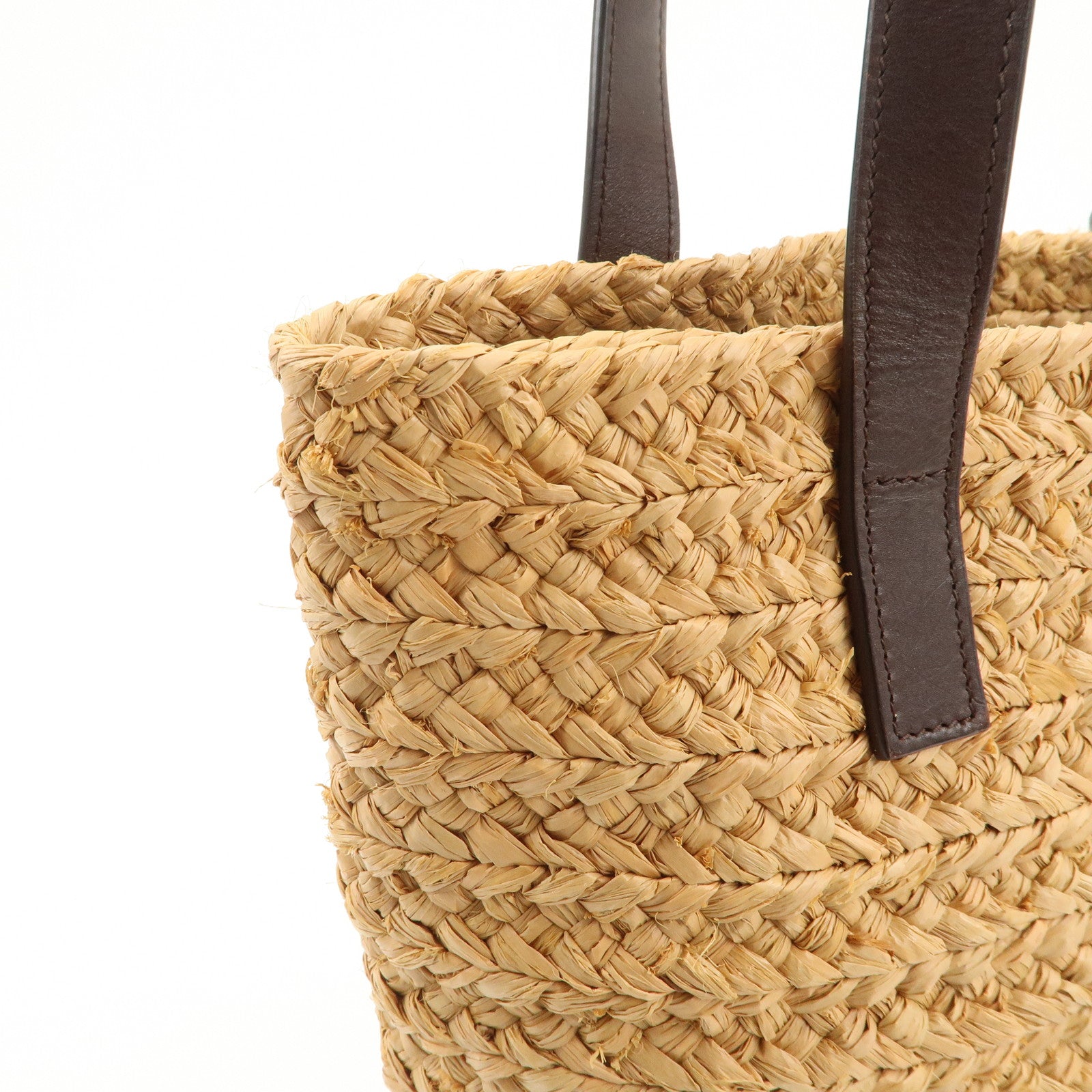 SAINT LAURENT Leather Raffia Tote Bag Shoulder Bag Beige Dark Brown Used