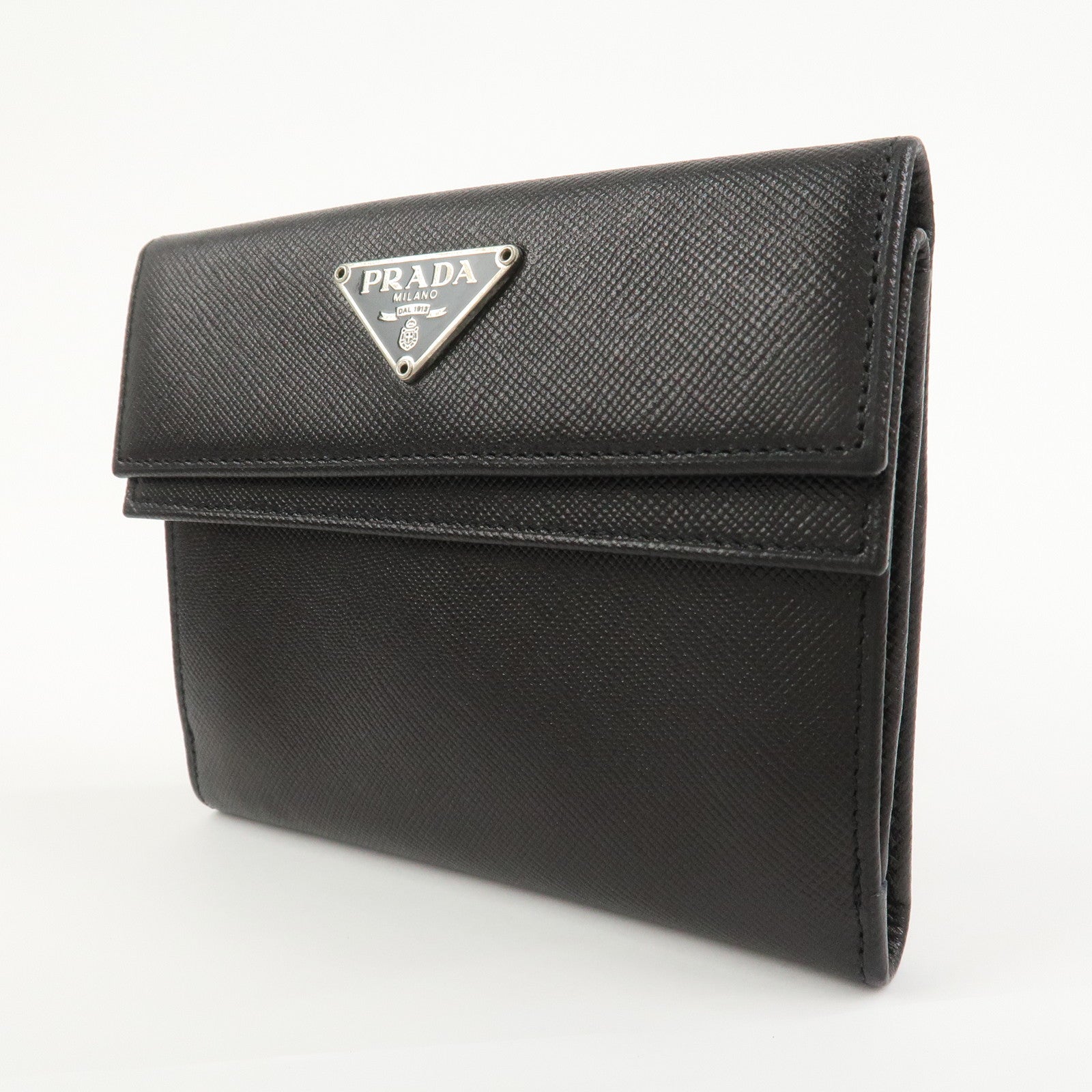 PRADA Triangle Logo Saffiano Leather Compact Wallet Black M53X