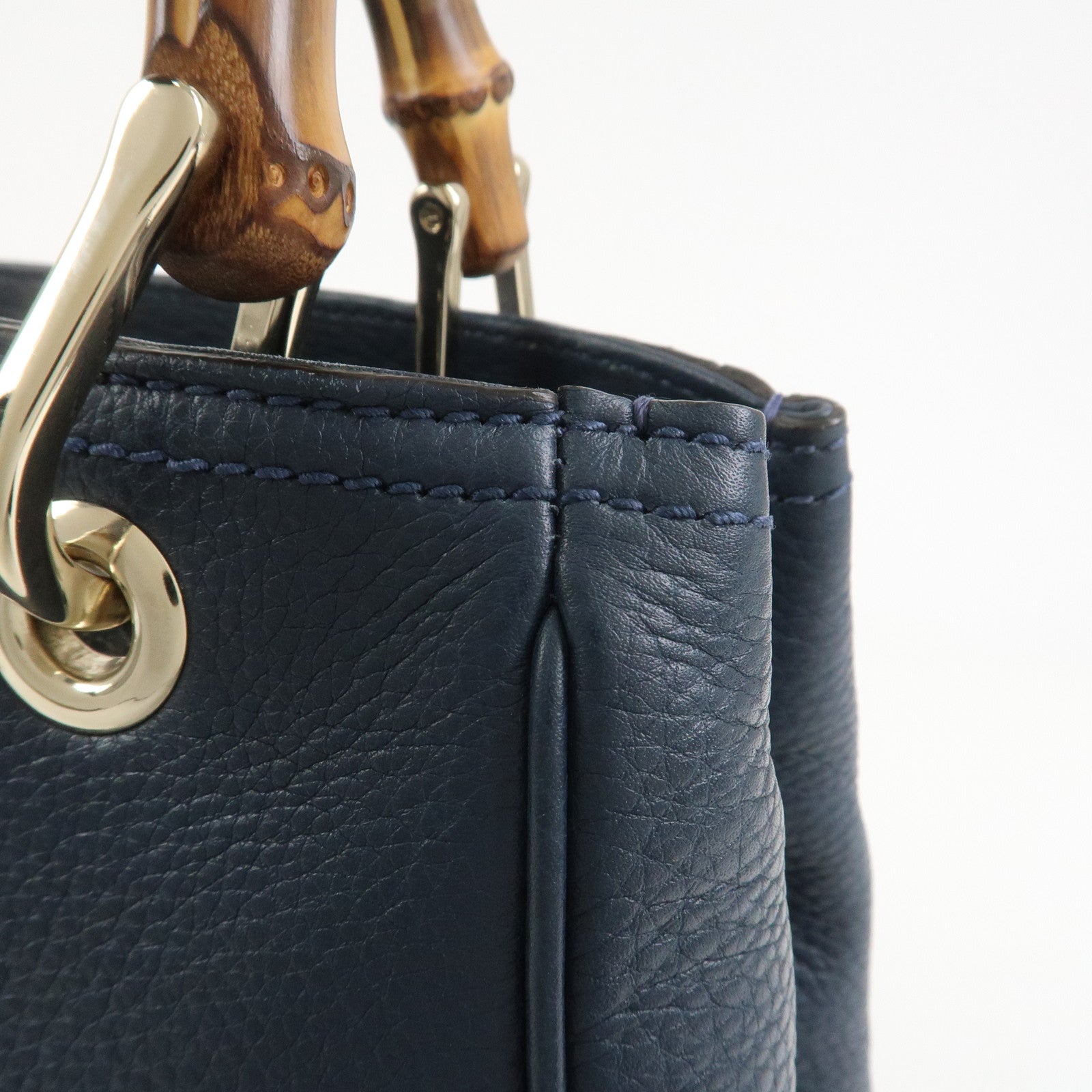 GUCCI Bamboo Shopper Small Leather 2Way Hand Bag Navy 336032