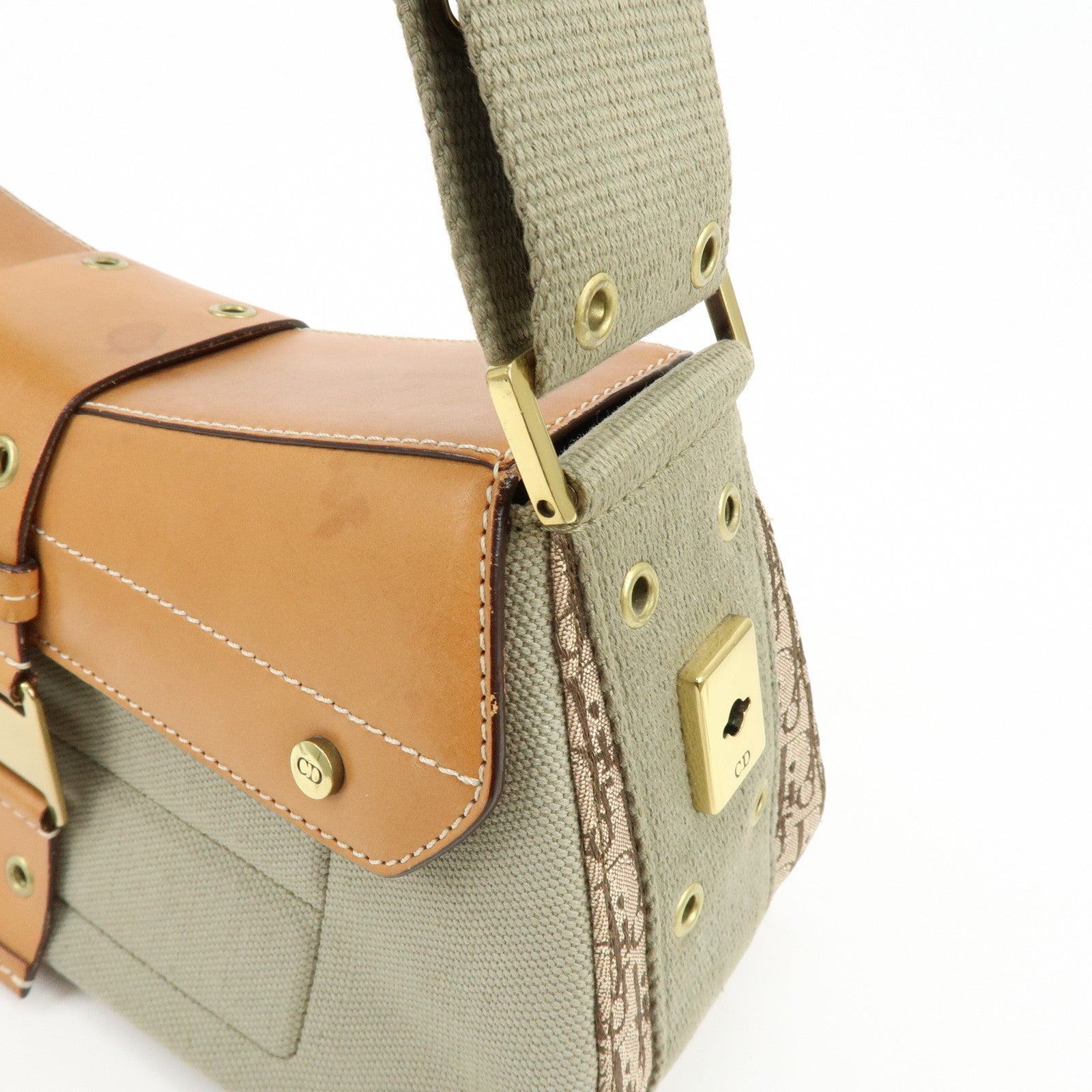 Christian Dior Street Chic Canvas Leather Shoulder Bag Khaki Camel