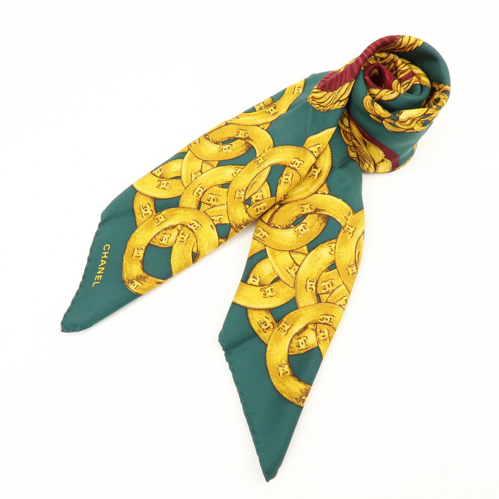 CHANEL Logo Silk 100% Medallion & Chain Print Scarf Moss Green Gold